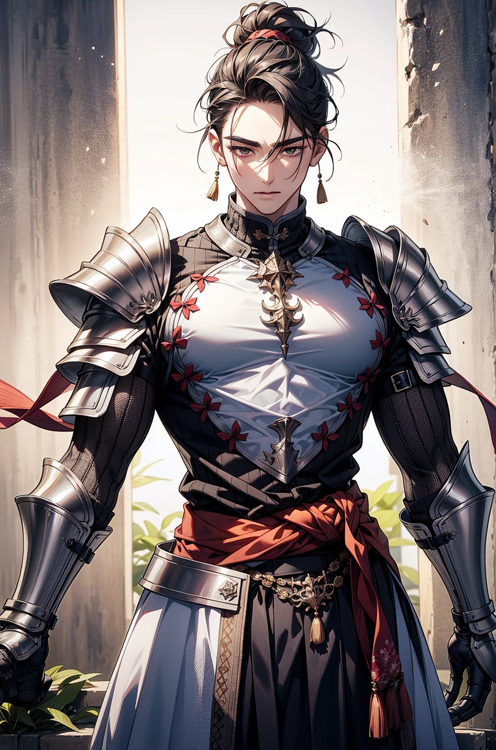 (8k), (highest quality), (masterpiece), two-dimensional, anime style, man (warrior), handsome face, standing, muscles, correct proportions, face details, sweating, sweating on the face, drooling, neck details, with Adam's apple, wet, wet, costume Hanfu and armor, collar, clothing details, long sleeves, game quality, swordsman demeanor, light and shadow tracing, ray tracing, detail glow, CG rendering, hair details, golden eyes, sweaty face, handsome, handsome, sweat beads slipping down the neck, complex clothing, drenched, Wet, perfectly composed, refined, high quality, more details, lots of detail, complex background, atmosphere