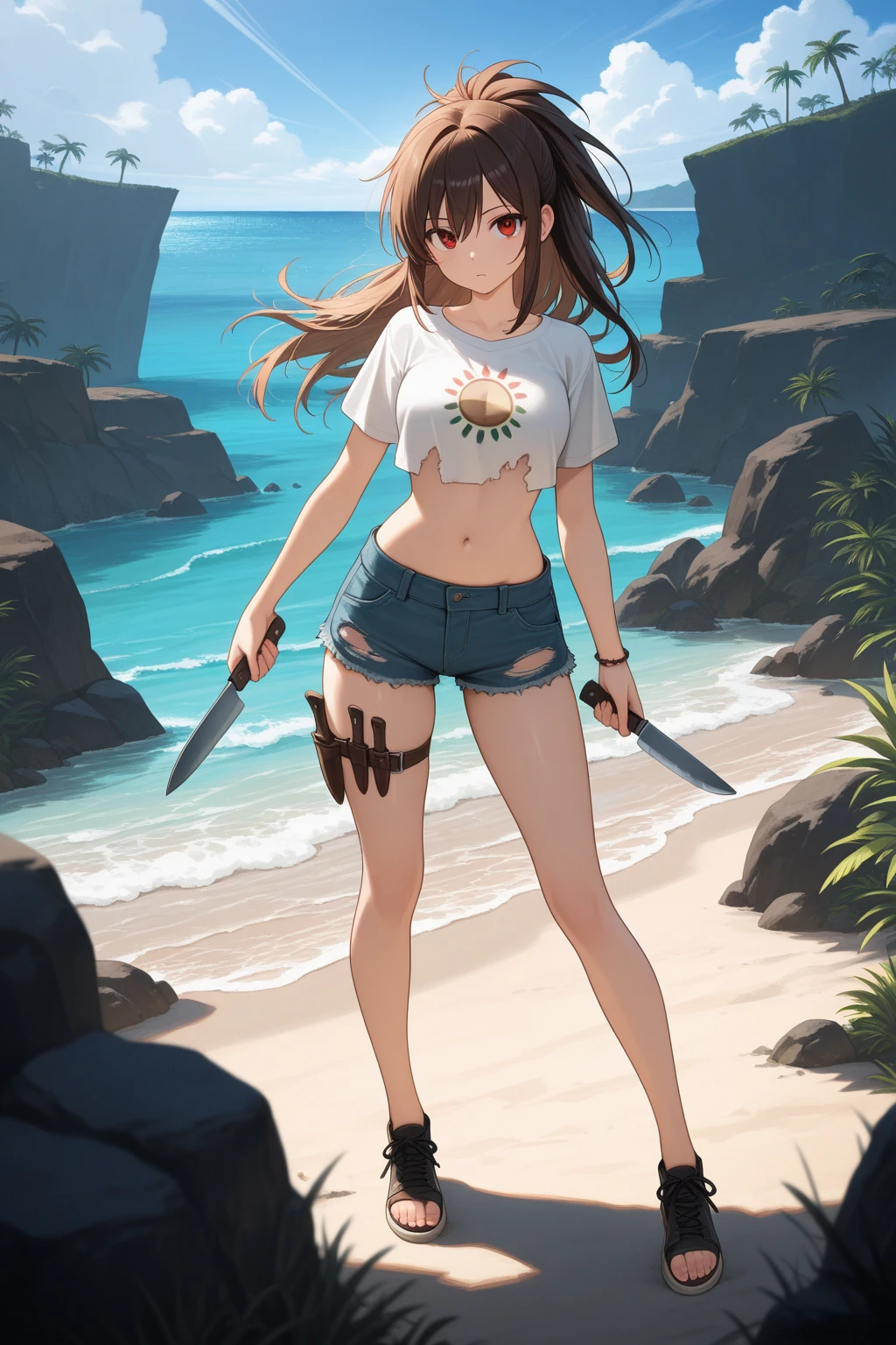 ((monsterhunter)), looking the viewer, solo, girl, shy, red cheek, bashful, long hair, embarrassed, smiling, happy, perfect face, beautiful eye, upper body, (summer beach), (bikini),