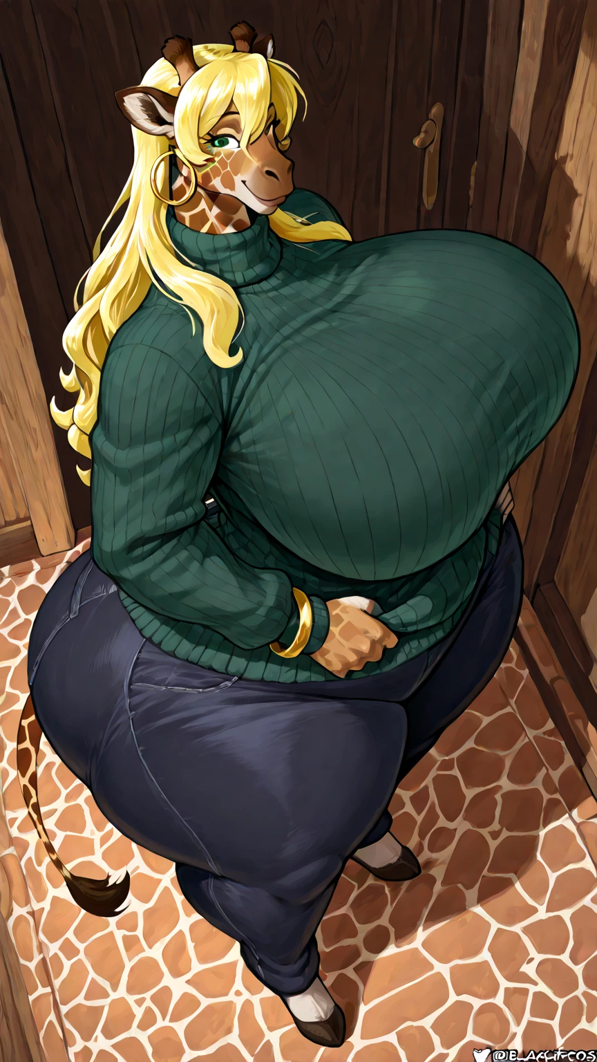 ((Masterpiece, best quality, perfect lighting, amazing shading)), perfect anatomy, field of depth, extremely beautiful, long blonde hair, hair, green eyes, green ribbed sweater, black pencil skirt, tights, cute smile, ((plump)), blushing, (cowboy shot), (elegant pose), office background with lots of windows, detailed background
