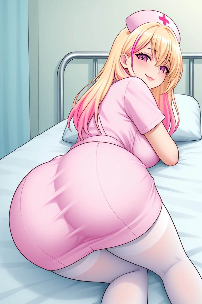 score_9, score_8_up, score_7_up, score_6_up, score_5_up, score_4_up, 1girl in hospital room, lying, legs up, pink nurse, large breasts, Tight skirt, impossible clothes, panty shot, blonde hair, single braid, The genitals are swollen, open mouth, embarrassed, nose blush, on bed, (3boys, Patient コスチューム)