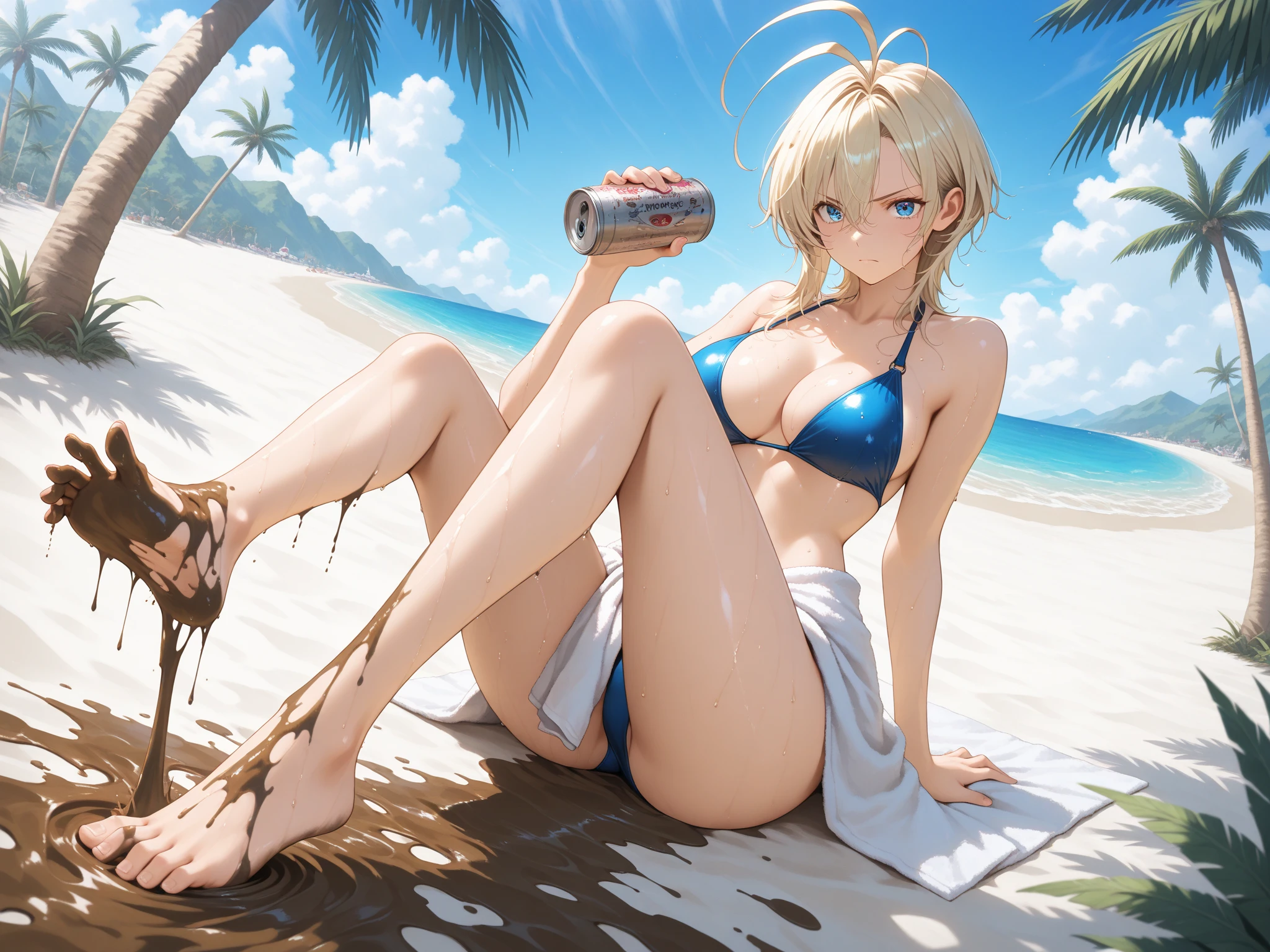 ((Highest quality)), ((masterpiece)), ((detailed)), (4K), (nsfw), an anime drawn sexy girl on the beach by water with tropical drink, 1girl, breasts, 独奏, swimsuit, 比基尼, armpits, looking at viewer, mouth hold, cleavage, single thighhigh, arms up, navel, lightgreen 比基尼, large breasts, underboob, long hair, lightblown hair, ponytail, jewelry, knees to chest, necklace, hairband, thighhighs, aroused, tying hair, see through, sweat, wet, cameltoe, show off nipple