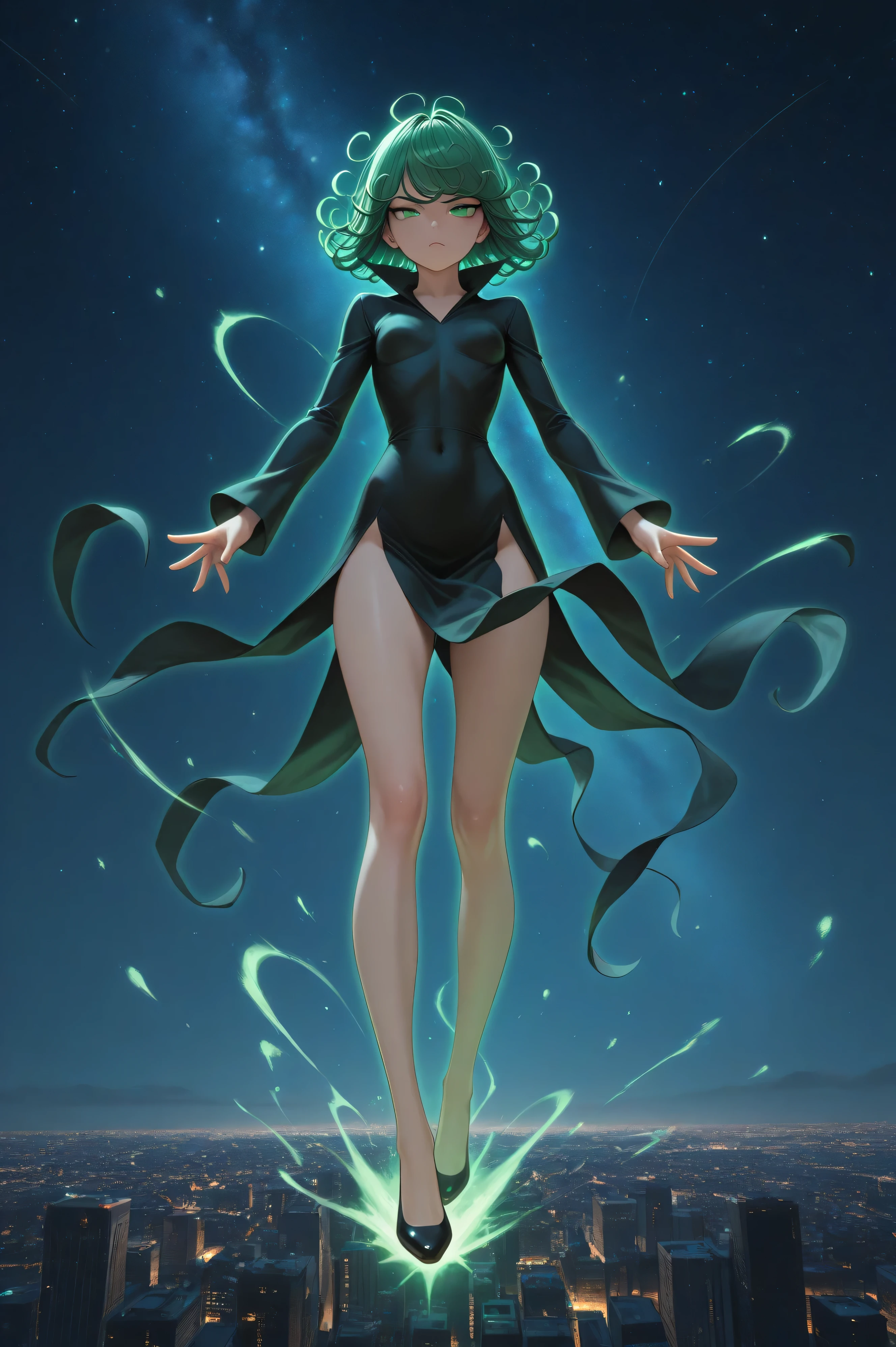 masterpiece, Highest quality, Very detailed, Abstract、Sketch、Handwriting、watercolor、Blur、Focus on the eyes、13 years old、girl, dark Knight, Mecha, anger, Glare, magician, Right facing, Bob Hair, Green Hair, Clear 緑 eyes, Complex and detailed eyes、puppet, Green white skin, , Plump, Frilly clothes, ribbon, gradient green color background, With the meteor shower, city, At night, Gothic atmosphere, 3D Rendering, Full Body Shot, Wide Shot, Three-part method, darkness, Shine, green, High saturation