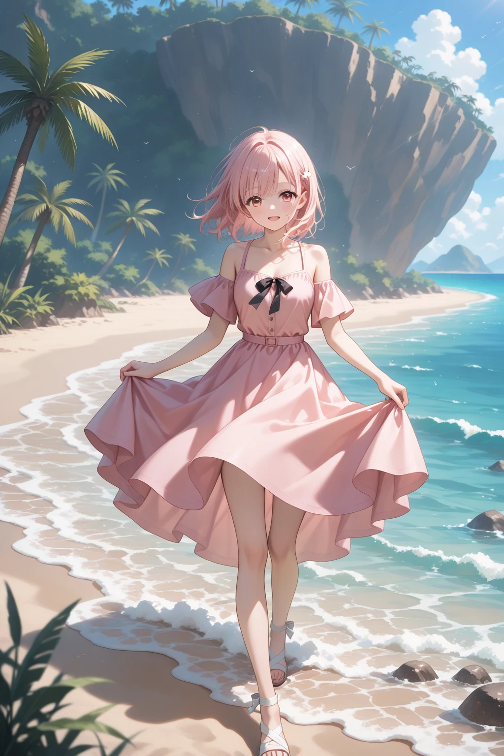 ((petite cute 2girls)), ((cute face)), ((puffy eyes)), ((masterpiece)), ((best quality)), ((ultra detailed)), ((exquisite)), (depth), (crisp), (8k), ((beautiful and aesthetic)), (super detailed skin), ((high standard)), ((highres)), (perfect anatomy), (blush), (lipstick), (full body), (nostalgic scenery), (seaside), (emotional), (sundress), ((wariza))