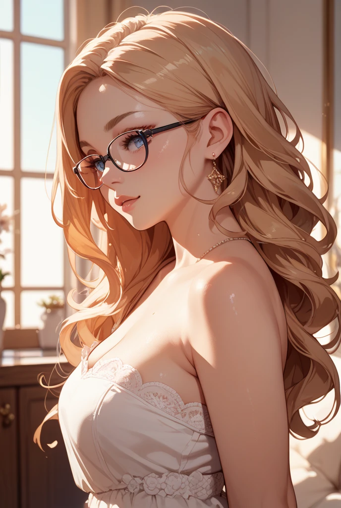 Wunderschöne sexly junge Frau mit dunkel blonden Haaren, green brown eyes, beautiful young skin, wears cute glasses, has a very sweet, beautiful, Attractive, sexly, Narrow, childish, face, beautiful perfect full juicy medium sized breasts , instagram photo, Nahaufnahme welche face und Ausschnitt der Brüste zeigt, wears underwear, incredibly detailed, best quality, 4K