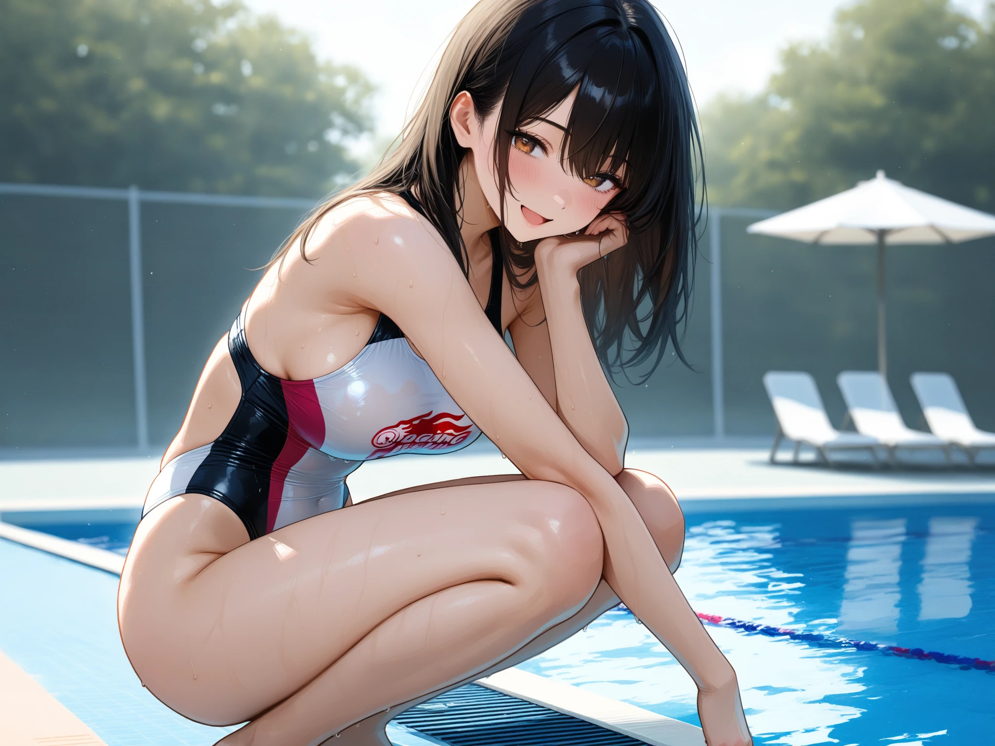 A beautiful shcool girl wearing a bikini posing in the swimming pool