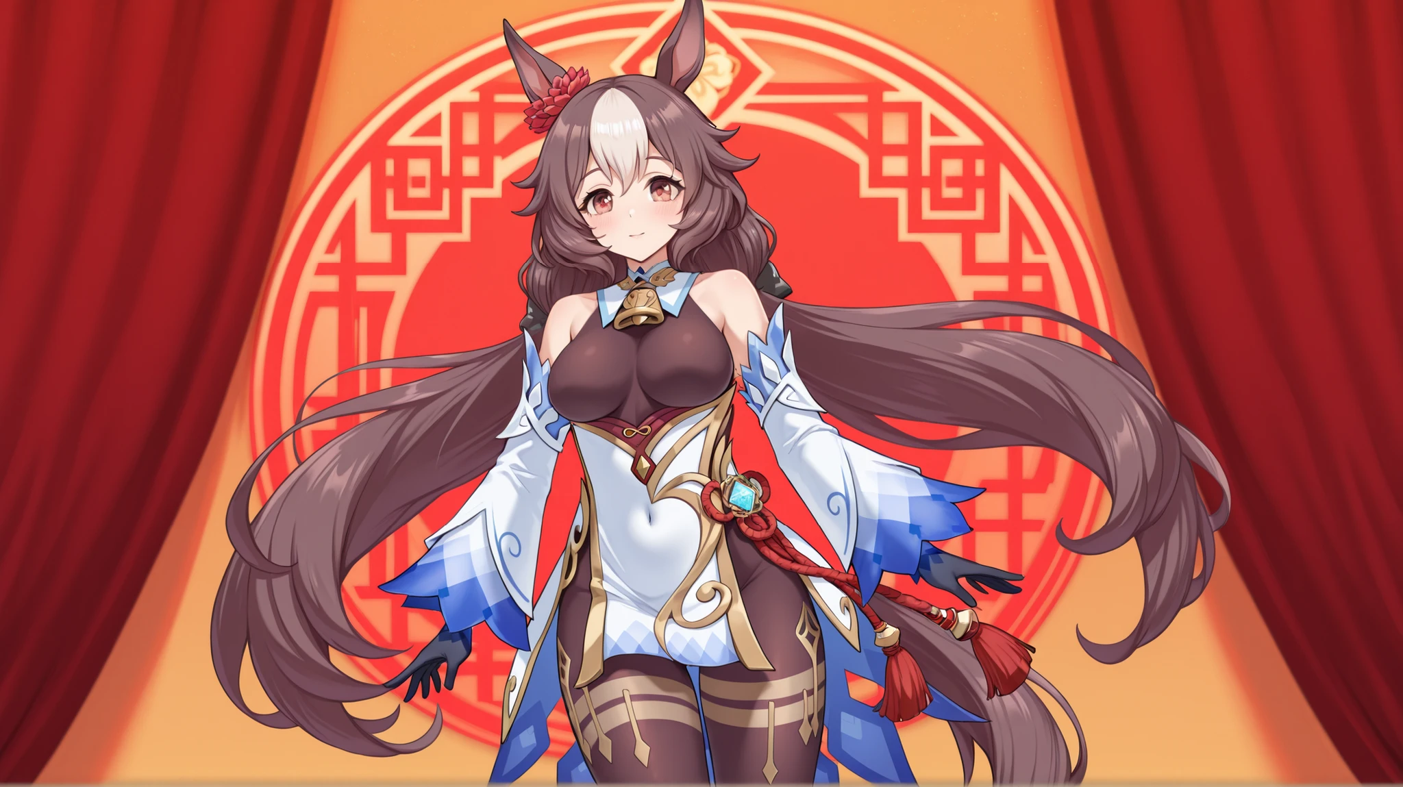 yamanin zephyr（Uma Musume）, Uma Musume, solo, [top quality], [Super beautiful CG], [Highly Detailed CG], [Super Detailed], [CG illustration], [high resolution], [extremely delicate and beautiful],  very detailed skin, Medium Breasts,  genshin ganyu cosplay, ganyu (genshin impact) (cosplay), gloves, bare shoulders, detached sleeves, black gloves, bell, bodysuit, neck bell, black bodysuit, vision (genshin impact), bodystocking, cowbell, chinese knot, covered navel, pelvic curtain, long flowing horse tail, 