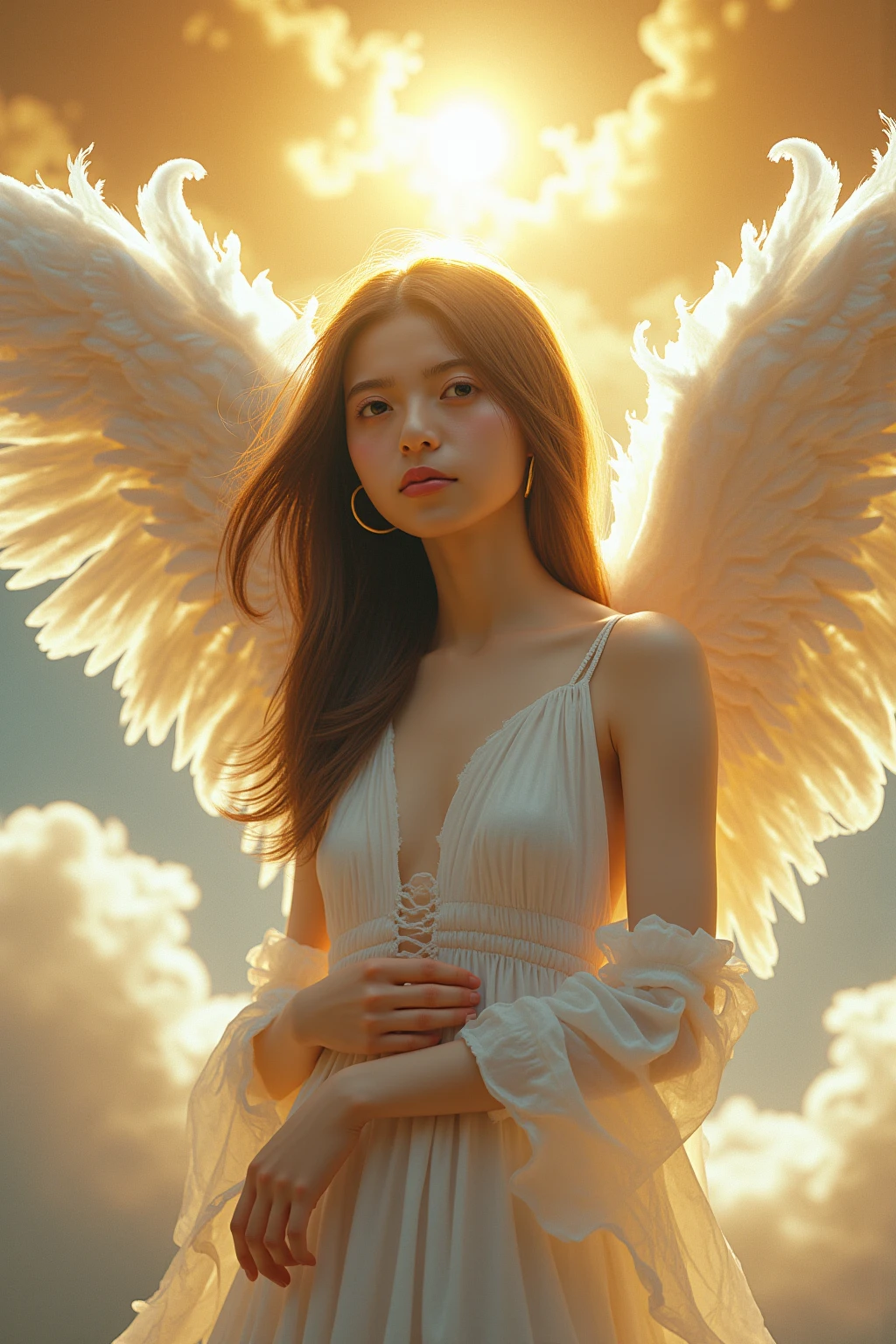 beautiful sexy asian angel, highly detailed fantasy angel, breast, intricate angelic wings, glowing halo, ethereal expression, flowing robes, dramatic lighting, dramatic pose, serene setting, heavenly atmosphere, soft pastel colors, photorealistic, 8k, hyper detailed, cinematic lighting, masterpiece, digital art