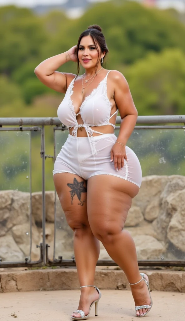 (Best quality, 8k, Masterpiece :1.3), beautiful woman, hyper realistic, Beautiful medium brown skinned creole black woman, Surreal, woman, hyper realistic,(( Detailed beautiful perfect face)), ((very detailed beautiful face)) (full seductive round dark green eyes)(plump seductive full lips blush, (confident sexy seductive smile),attractive body:1.3), sit-ups:1.1, short curly black with red highlights hair:1.1, (wet rain, wet body:1.2), (tattoos on arms) highly detailed open neckline, perky breast with big nipples side pose, visible curves, pool party, poolside, muscular swivel legs fishnet underwear:1.4), (Head to Toe Image)), ((Full body image))Elaborate CG artwork, (best qualtiy, exquisite detailing, absolute masterpiece), (Head to Toe Image)), ((Full body image))(Curvaceous hourglass figure), (small waist)( curvaceous hips), (very huge ass), ( thick thighs), (glittery skin), (wet oily skin), Fingernail Art, Jewelry, Bracelet, hoop earrings(8k, best quality, masterpiece:1.2),(best quality:1.0), (ultra highres:1.0),