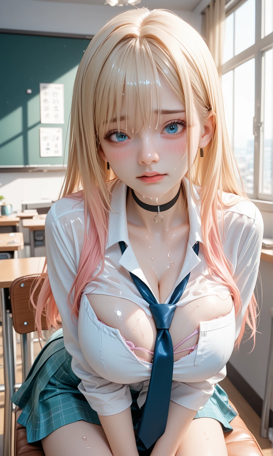 girl, 8 years old, idol girl, very young, cutie, very skinny, anorexia, harmful, charming, Darling, bright blonde with pink hair, Informal, very long wavy hair, bright makeup, White wet transparent mini blouse, Cleavage, White miniskirt, tights, rectangular frame glasses, bright red lipstick, goth makeup, wet clothes, full length photo, ahegao, orgasm, skirt lift, masturbation, crotch cumdrip, bukkake, cumdrip, white tights, eyeliner, eye shadow, masturbating, allure, pissing herself, chocker, pissing stream, pissing through panties, tiny chest, Slim waist, small ass, slim fit girl, (long curly disheveled blond hair:1.4), shy smile, fox ears, short tight blue pleated skirt, bangs, tight white shirt, short sleeves, collared shirt, мокрая одежда