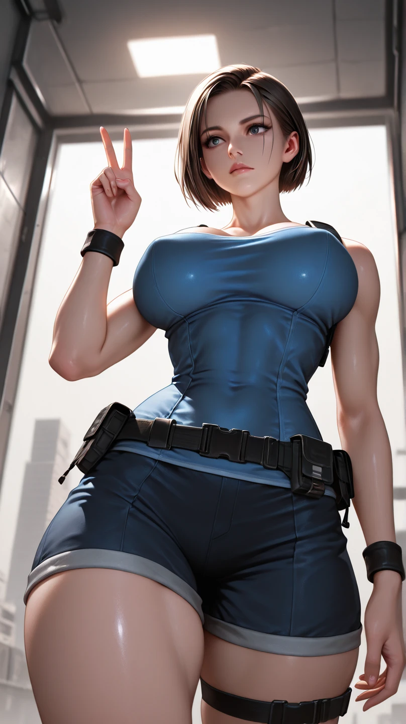 photo of mlp Meowko, RAW, beautiful woman, ((portrait)), ((detailed face:1.2)), ((anime face, anime facial feature, clear skin, glossy anime lips, clear skin), (short messy lesbian haircut, shaved left side, brunette: 1.55), (perfect proportioned body, Strong, muscular, narrow waist, narrow hips, skinny, large breasts), (she wears a Fallout Tight Latex Blue Suit, wearing a blue vault suit from Fallout 4 with lots of details and slits, High detail leather), seductive expression, a nuclear wasteland background with scattered ruins, (realistic photo, best quality, detailed), (8k wallpaper), (cinematic lighting, mood light, (evening:1.3)) (sharp focus, intricate)