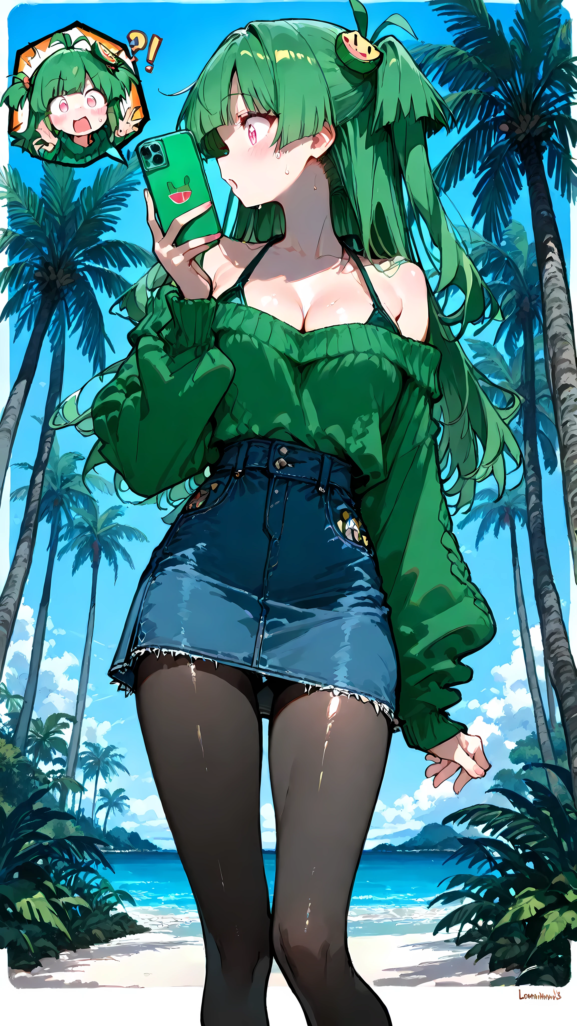 ((lone girl)), ((shiny skin)),((Uninhabited islandに漂流した少女)) , Vannamelon, ,long hair、green hair, two side up、cleavage, off-shoulder sweater, green sweater, denim skirt, mid thigh high skirt, pantyhose、profile、surprised expression、sweat、Estrus period、Face gaze、face up、(5 Anatomically Accurate Fingers)、standing、((I have a smartphone))、looking at the smartphone screen、long shot、Uninhabited island、Sandy Beach、 Forest visible in the distance 、palm tree、