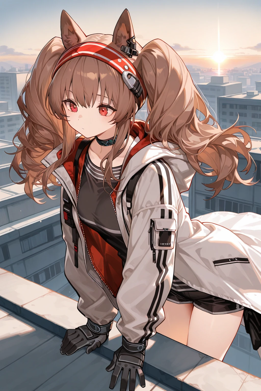 masterpiece、top-quality、Movie stills、1 female、Brown hairs、Colossal tits、Huge ass、red body suit、Brown eyes、thick thighs、poneyTail、wide hips、Thigh muscles、Strong thighs、White hoodie 、(Spark:0.7)、Kunoichi