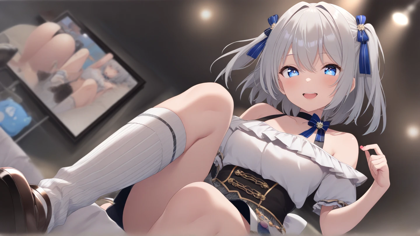 Kaguyalna, one person, alone, Virtual YouTuber, kaguya luna, chest, Twin tails, sash, heart, Bright Eyes, Knee socks, white backgrounだ, hair ornaments, smile, Chest cleavage, White Eyes, simple backgrounだ, Blue eyes, View your viewers, No sleeve, Clothing cutouts, Chest cleavage cutout, blush, teeth, Hair Clip, Grey Hair, No sleeve bangs,Knee socks, Gray Hair, short hair, x hair ornaments, wrist ribbon, ribbon, blunt bangs、Leg spread、Open your legs、Pussy、Thick white love juice、Drip a large amount of love juice、orgasm、Background Nature、Intense masturbation、Intense masturbation、blush、smile、Sweat、Pleasure、Squat with your legs apart、Spread your legs、orgasm、pee、incontinence、Put your finger in、sexual behavior、sex、Big Breasts、From below、Lacy white panties