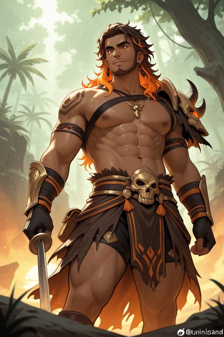 masterpiece,best quality,painting of a man,((highlander, intricate outfit, thong, Goldfish Orange theme)),lonely look,well-built ripped man,big hair,Platinum hair,short back and sides,Bright Blue eyes,tall,temperate desert,intricate background,dynamic pose,action scene