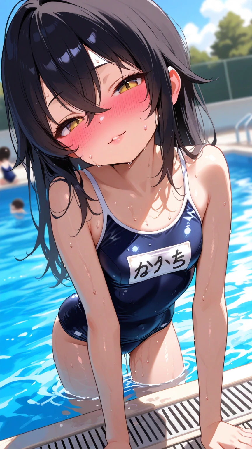 (highest quality:1.2),(perfect beautiful face:1.2),(perfect and beautiful posture:1.2),(at public mixture bath,upper body),(flat chest:1.5), (confused,embarrassed and blush:1.3), shyness:1.1, Sweaty, sunburned skin, (blue one-piece swimsuit),(fake smile), seducing,wide hips, steaming body, (show teeth),ultra-detailed,very short black boys hair,cum on hair,facials,Bukkake,golden pee on hair,Golden pee on body,Looking at viewer
