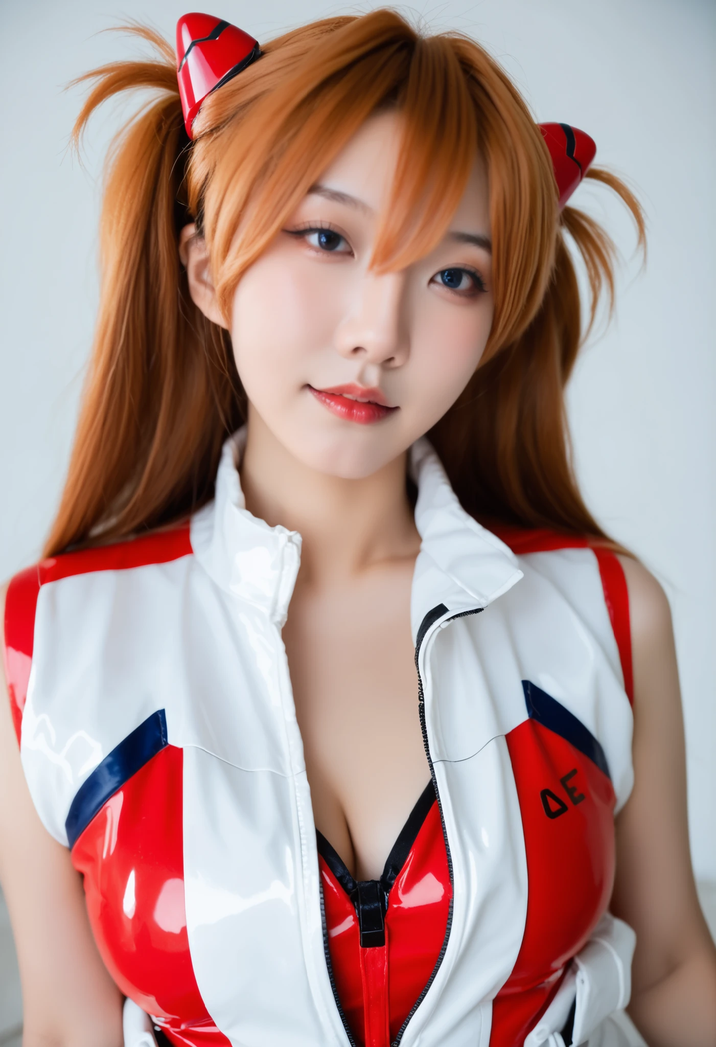 uma garota,Film grain,photo of an Asian woman dressed as souryuu Asuka Langley from Neon Genesis Evangelion,olhos azuis, hair between the eyes, cabelo longo, cabelo laranja, cabelos castanhos, two sides up, medium breasts, Jumpsuit, Jumpsuit, traje piloto, red swimsuit, headphone interface,holding lAnce of longinus,Fundo de padre, quadro-negro,
pele real,textura da pele,detailed facial features, sardas,Ance,verruga,