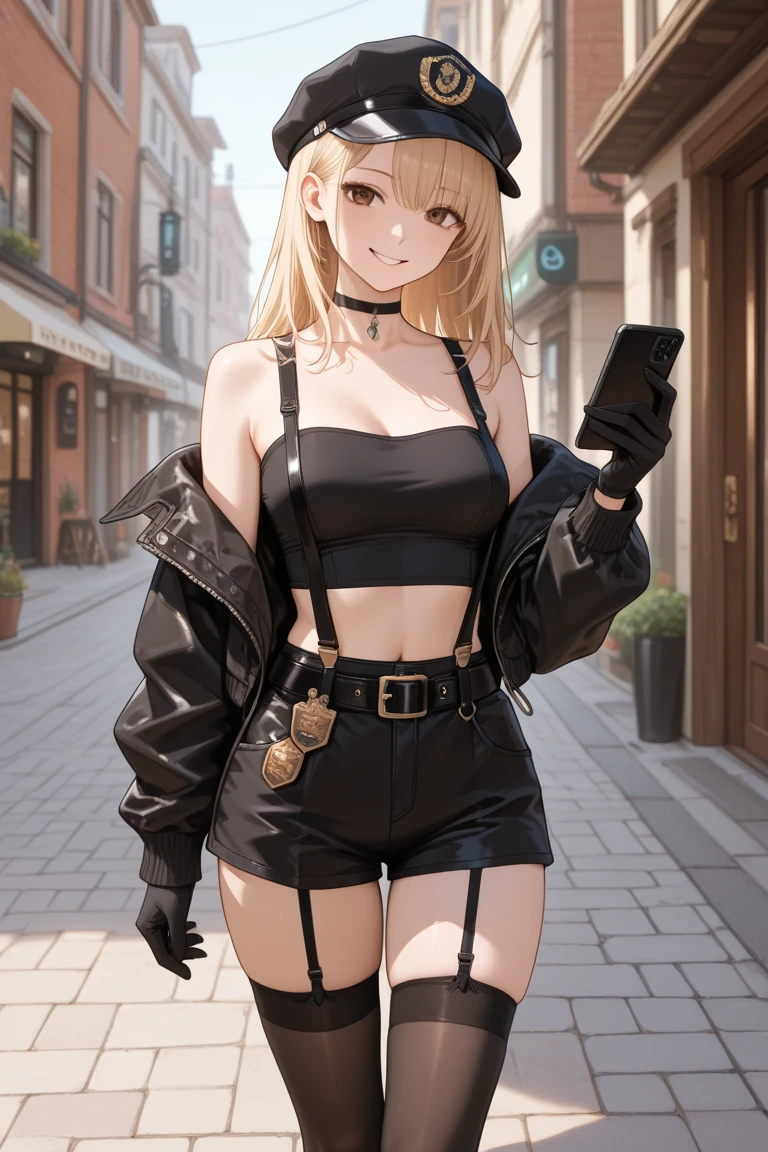 A beautiful woman in leather clothing with blonde long hair, leather skirt. Leather bra and open leather jacket and a leather hat with studs.