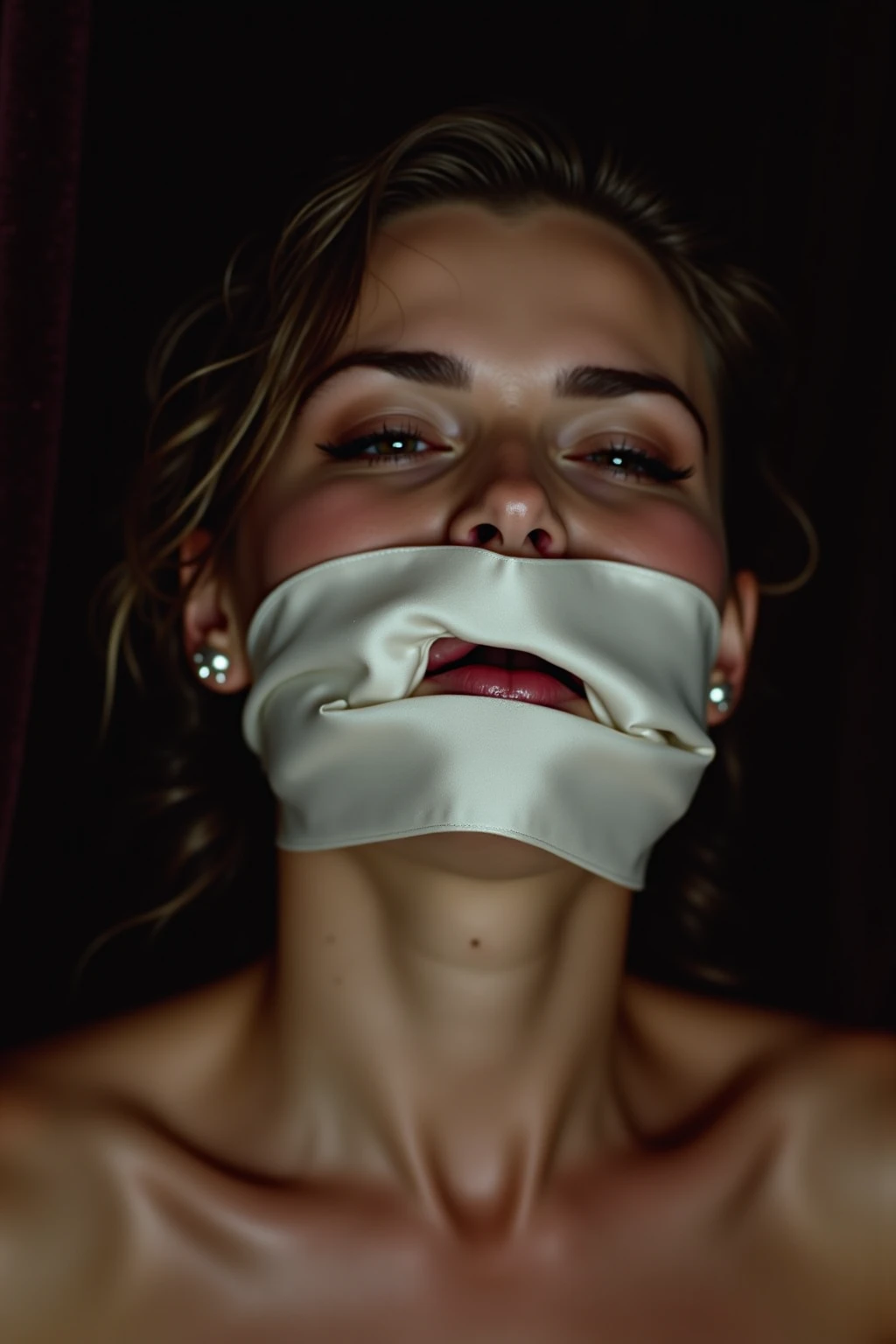 (best quality,4k,8k,highres,masterpiece:1.2),ultra-detailed,(realistic,photorealistic,photo-realistic:1.37),portraits,beautiful woman in distress,bound and gagged,expressive eyes and lips,helpless expression,soft lighting,fine detailing on face and clothes,soft and flowing sheer skirt,gr3ysh33r,scarlet-red gag,subtle shadows and highlights,contrasting colors,emotional aura,delicate brush strokes,vibrant colors