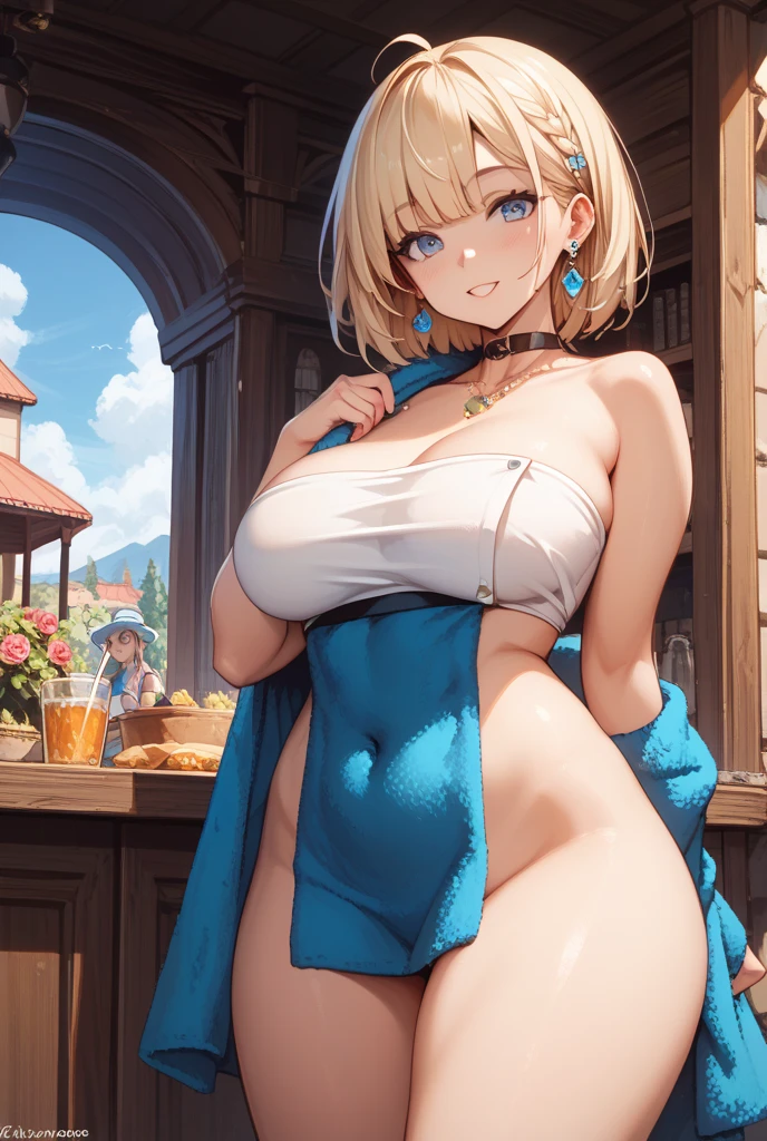 greek goddess aphrodite, serious and sexy face, Has a face of supernatural beauty and short curly blonde hair decorated with flowers。, like blue eyes. (perfect anatomy) , (perfect eyes) her figure is very sensual, (huge breasts:1.4), fitness hip, Fabric covering the chest, Cracked abs, white silk dress, big abs, She sits on a large Greek marble throne, works of art.