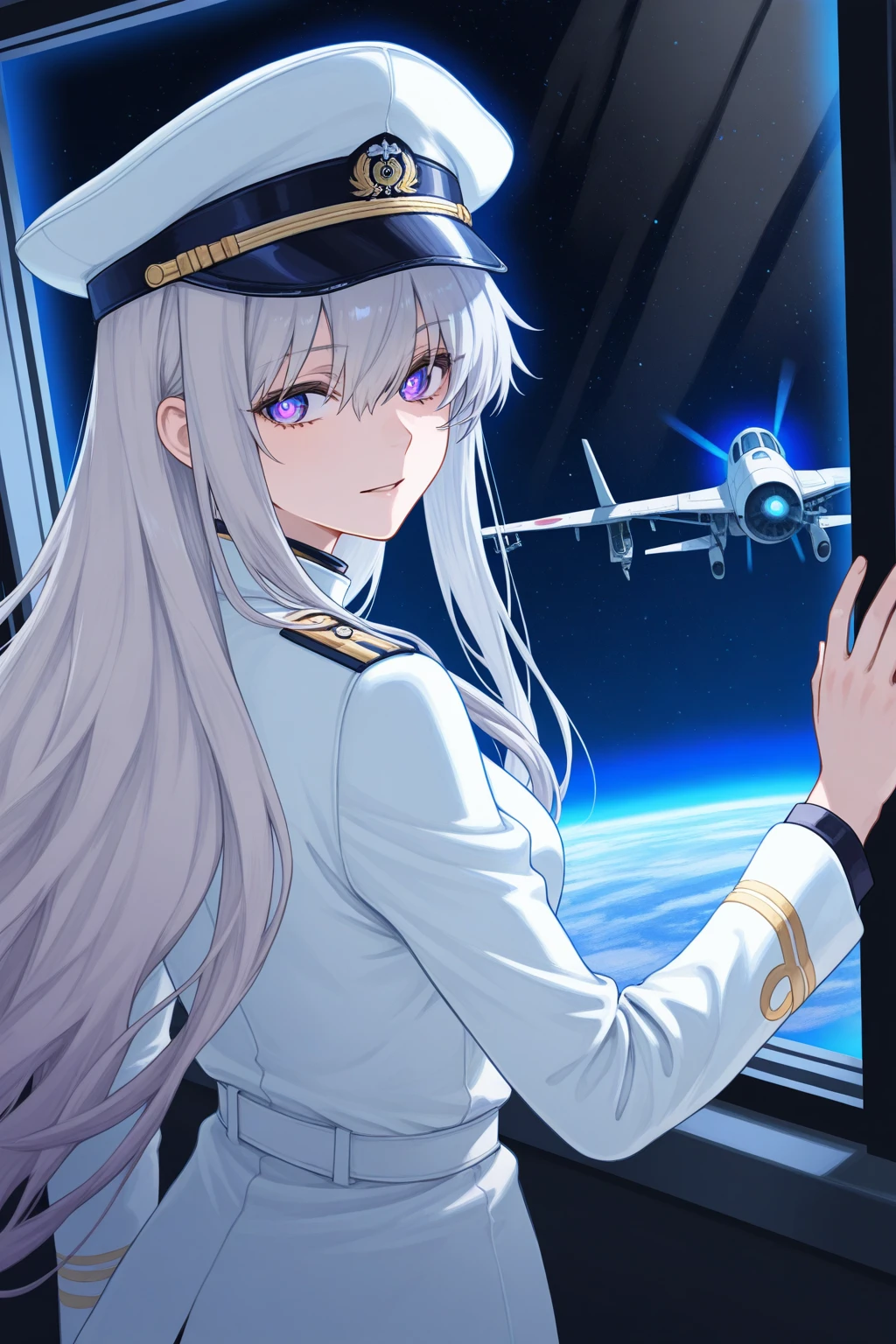 (masterpiece, best quality), 1girl, petite, young teen, slim, white military jacket, white panties, military hat, space cadet, shy smile, blush, sitting on bed, in spaceship, futuristic, sci-fi, space age design, white, anime minimalist, watercolor