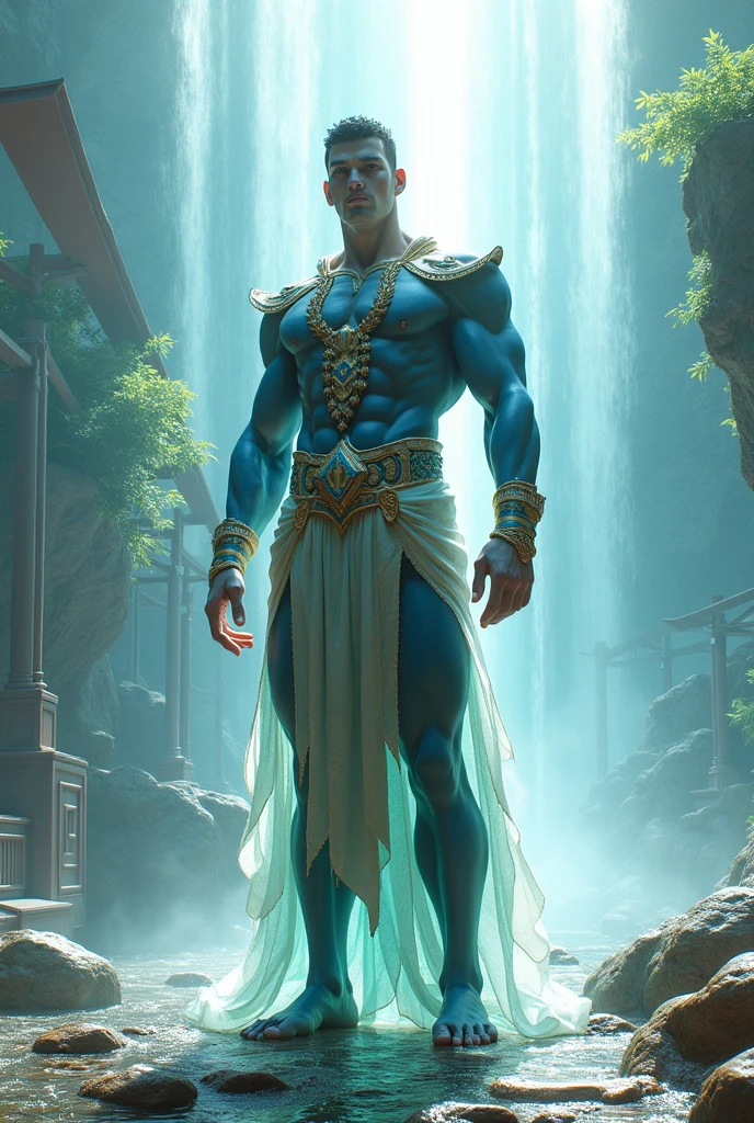 Young man with short blond hair, blue colored eyes, wearing no shirt, wide blue pants with some details and similar to Arab pants, two gold bracelets with sapphires on the wrists, golden crown with sapphires and similar to a tiara on the forehead, a circle made of water floating around the head, epic pose, 独奏, Masterpiece artwork, precise, High details, 3D rendering, conceptual artwork, cinematic lighting, macro photography