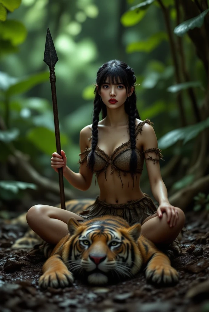 ((best quality)), ((masterpiece)), (detailed), perfect face, perfect round breasts, full body, holding a sword, on a beautiful landscape, fantasy, ethereal, iridescent skin with water dripping off, next to a tiger, fully nude