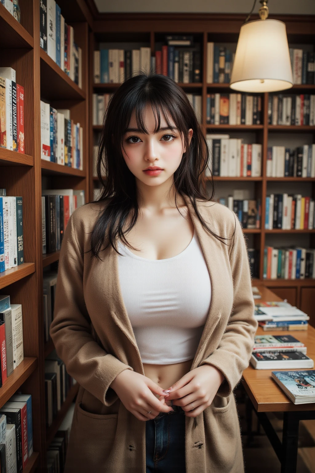 Close-up plump college student beauty with huge breasts studying in the library Cleavage emphasized shoulder sweater