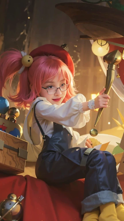 (8k, RAW photo, photorealistic:1.25) ,( lipgloss, eyelashes, gloss-face, glossy skin, best quality, ultra highres, depth of field, chromatic aberration, caustics, Broad lighting, natural shading, anime girl riding a horse with a red hat and glasses, splash art anime , cushart krenz key art feminine, , extremely detailed artgerm, ! dream artgerm, style artgerm, portrait of magical girl, small curvy , league of legends style art, wlop and sakimichan, detailed key anime art, smile.