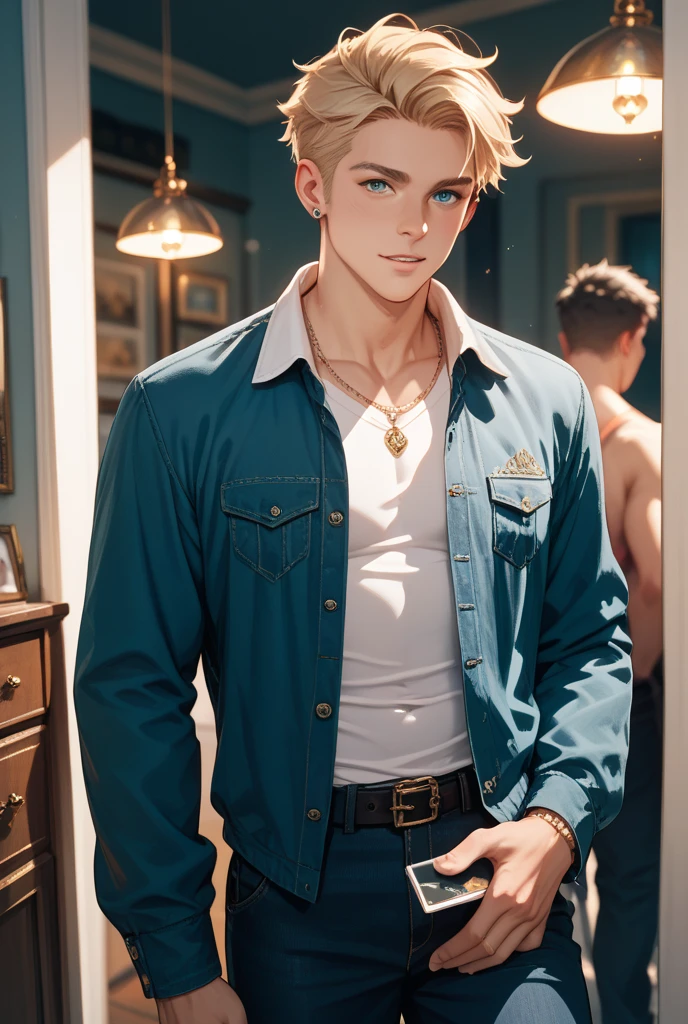 a young boy with beautiful blue eyes, small waist, flat abdomen, platinum-colored medium-length hair, cute, 17 or 18 years old, dressed in casual clothes with a jacket and necklace, detailed facial features, highly detailed, hyper realistic, 8k, photorealistic, intricate details, sharp focus, natural lighting, warm color tones, cinematic lighting, masterpiece, digital art