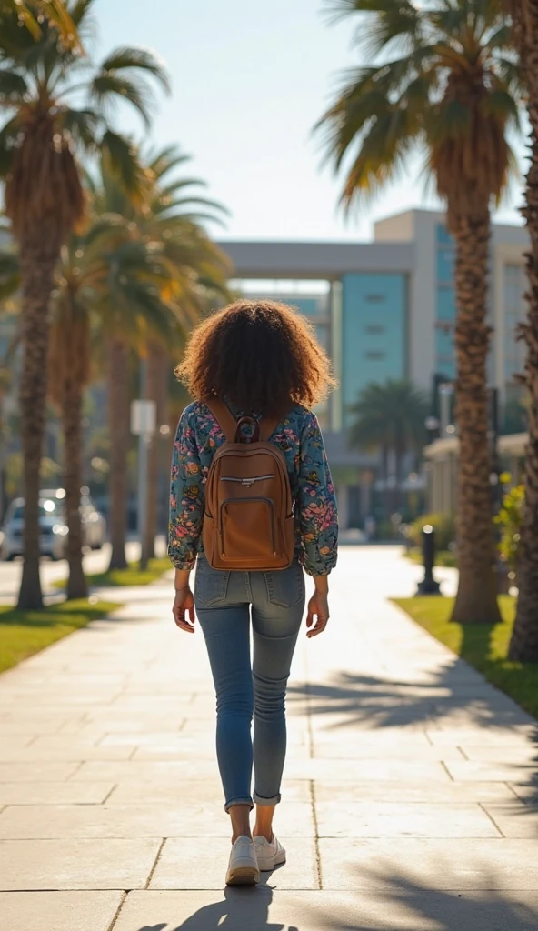 European girl, Backside the girl With her shoulder-length curly hair, Dark hair and a bit of brass, With a light blue small sleeveless backpack and a light blue t-shirt and jeans all over legs and white shoes, The center of her hair was plaited