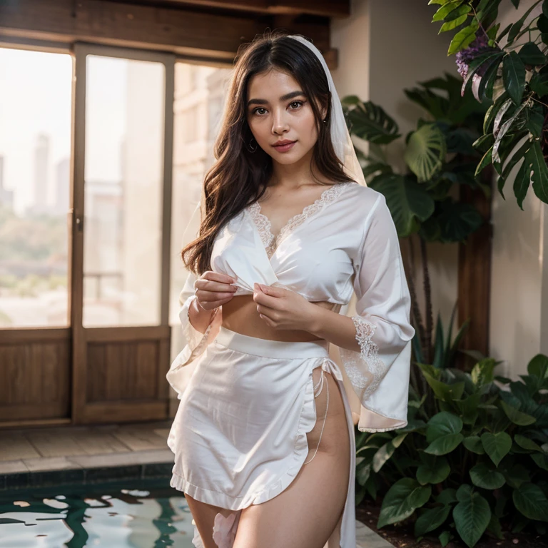 (perfect image) (perfect face) asian woman standing gracefully wearing a bridal headdress and sheer lycra gown, soft focus, depth of field, 8k photo, HDR, professional lighting, taken with Canon EOS R5, 75mm lens