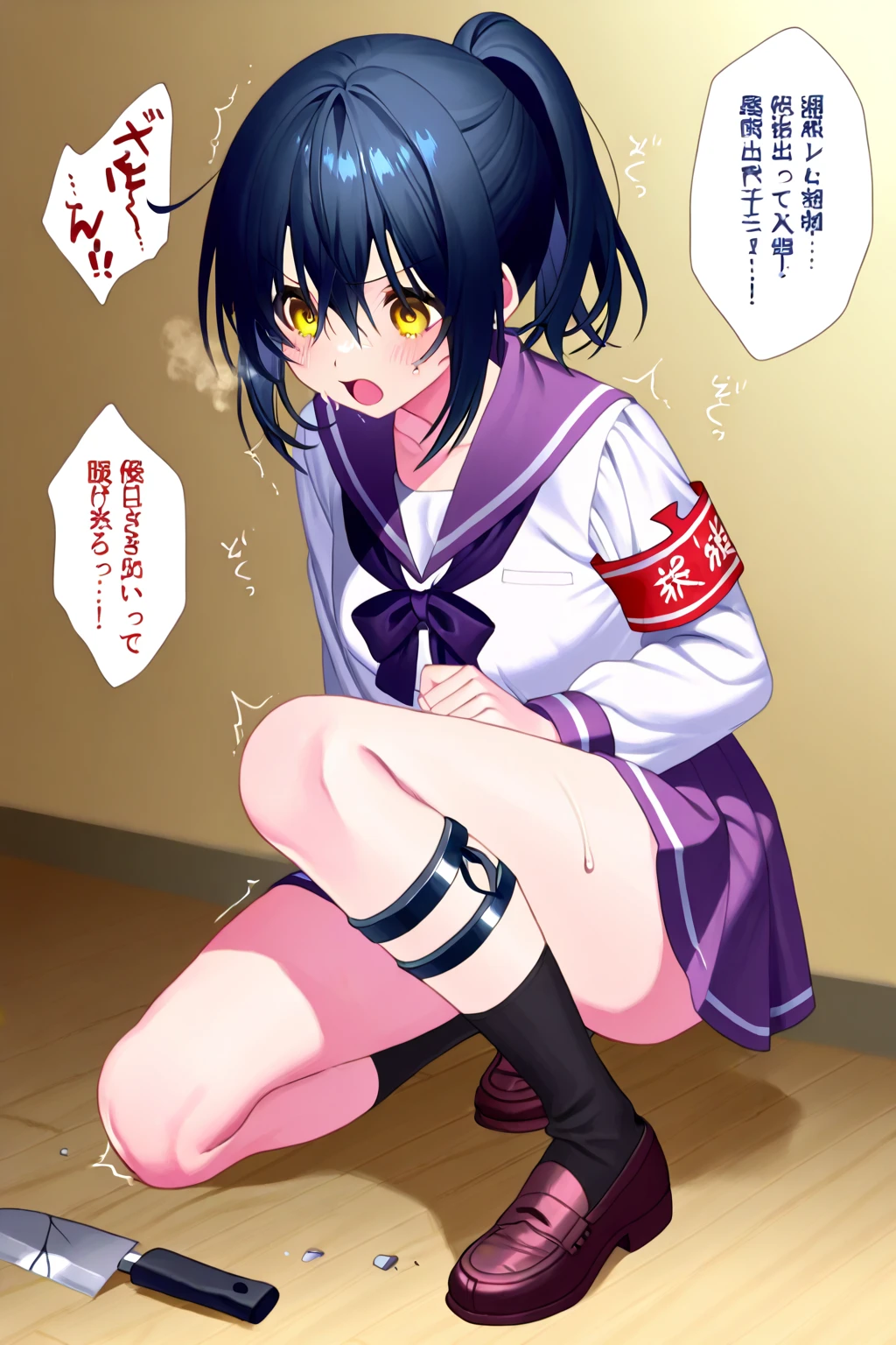 Kitasan black, ahoge, hair ornament, animal ears, horse tail, (black hair), (from the front), (from the bottom), (sailor uniform), (long sleeves), (dark blue clothing), (sailor skirt), (skirt turned up), (dark blue sailor collar), (blushing), (bow-legged), (sitting), (legs spread), (peace sign),
(futanari), (erect penis), (crotch showing), (blushing), (ejaculation), nsfw, troubled eyebrows, orgasm, (dark sperm), (a little dark room), ahegao