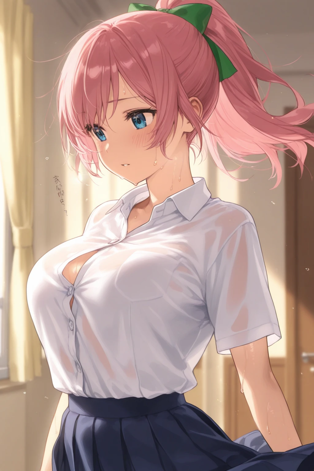 1 Female,High definition,high resolution,Ultra-realistic,8K, hy1,hair ornament, multicolored hair,European,sexy,Upper body close-up,Photographed from the front,Dynamic Angles,private teacher,Y-shirt,A little sheer underwear,Red underwear,blush, huge tits, nipples ,show tits