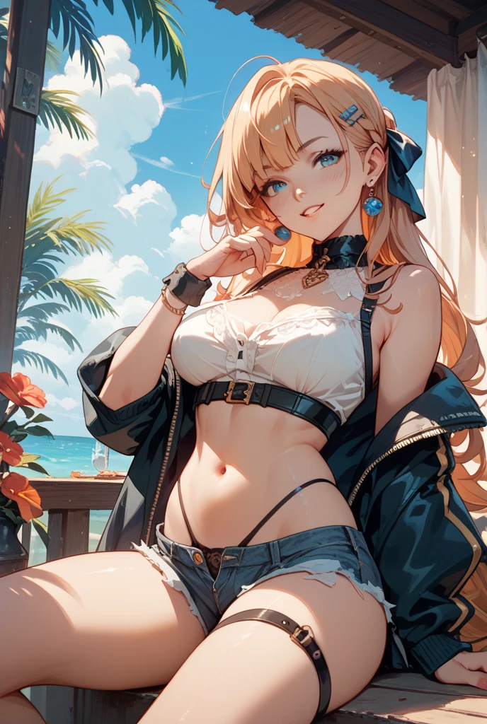 最high quality、best image quality、masterpiece、teenage girl((18-year-old、 By becoming、vest bust、medium bust,wide open breast tea、black eye, blonde hair、Habitual hair、long hair、thin,highest valley、blue shorts、Holding a plastic bottle、smug face、heart tattoo、black aloha shirt、squat、open your legs、sweating)),high quality、beautiful art、background((Hawaii、Waikiki、Palm tree))debris flies、Depth of written boundary、movie、visual art、perfect art、8K,genuine