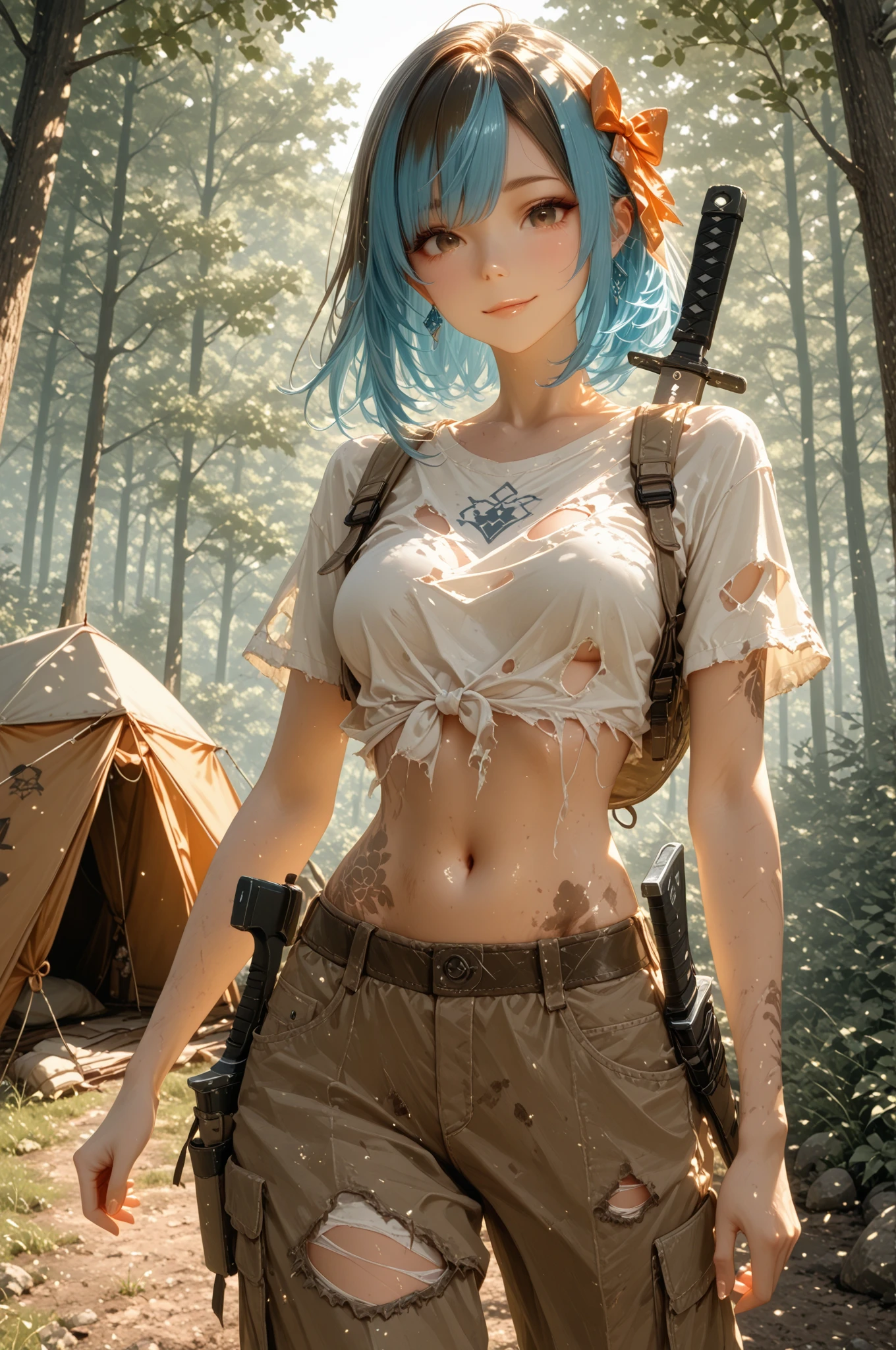 (1 girl,solo:1.2), (Wet shoulder white vest), Broken shorts, Hiking bags, embarrass, dreads,The girl takes food out of her hiking bag, A chest that conforms to the laws of physics, Tall shrubs, Shaded leaves, light blue hair, single sidelock, cinematic lighting, reflection light, dutch angle, UHD, masterpiece, anatomically correct, textured skin, super detail, high details, high quality, best quality, highres, 8k, 16k