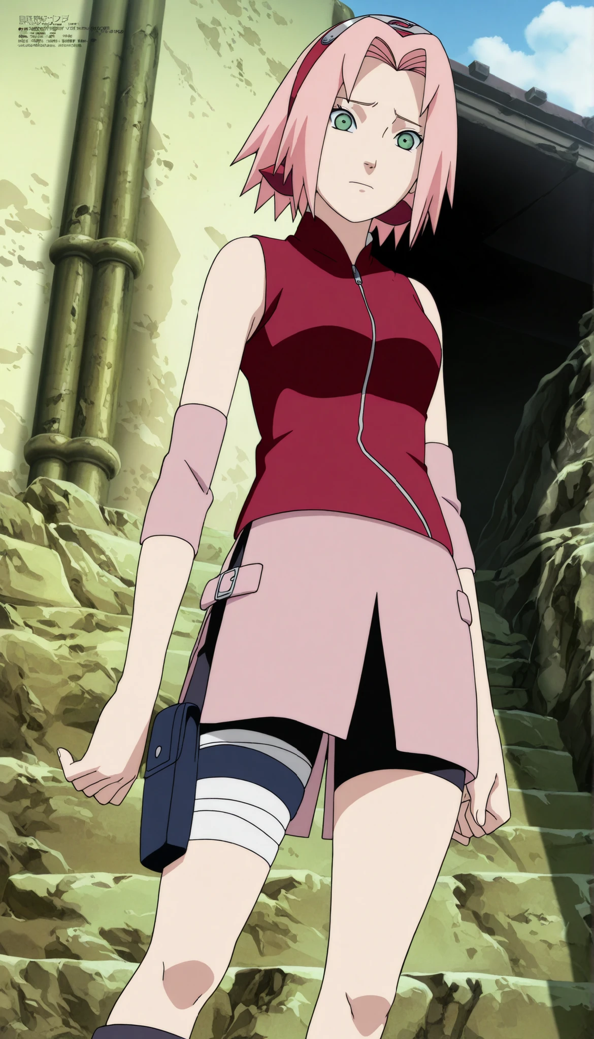 1girl,haruno sakura standing look at the viewer, BREAK pink hair, short hair, red hairband, green eyes, parted bangs, BREAK red sleeveless minidress, zipper, pink miniskirt, bandaged thigh, BREAK medium breasts, beautiful body, beautiful legs ,lift legs, masterpiece,best quality,amazing quality,professional quality ,very aesthetic ,newest,scenery, ultra detailed ,highly detailed ,intricate , absurdres , high resolution , 4K , 8K , unity 8k wallpaper , crisp quality , sharp focus , rich contrast , rating_explicit , official art, official style,source_anime,anime screencap,anime coloring,megami magazine,anime,animated ,1girl, standing at konoha village, stand straight