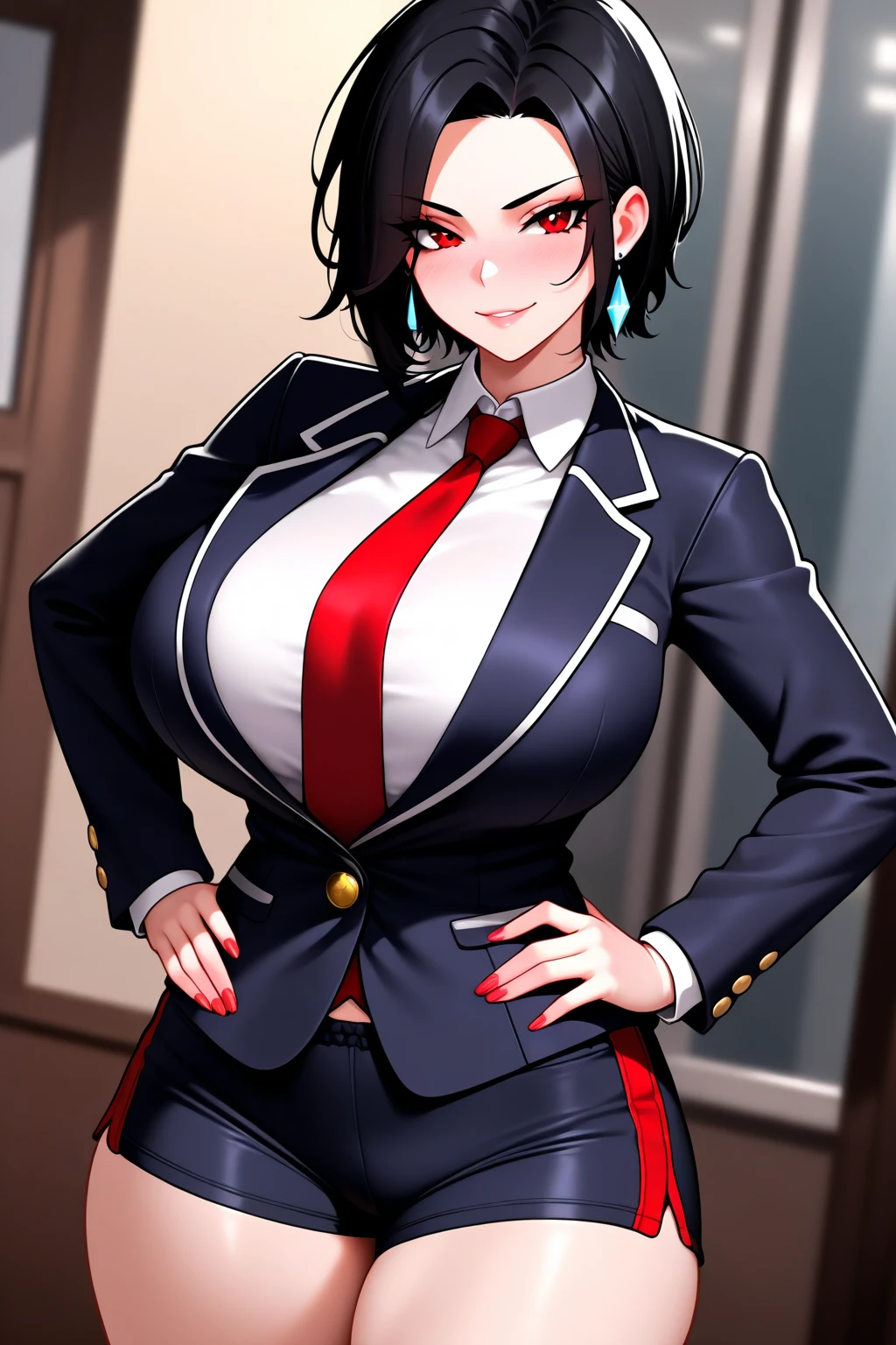 ((masterpiece)),(best quality),(detailed), 1girl, solo, short hair, purple hair, messy hair, red eyes, smile, school uniform, skirt, portrait, huge breasts, (darkskin:1.2), (wide hips:1.2), navel