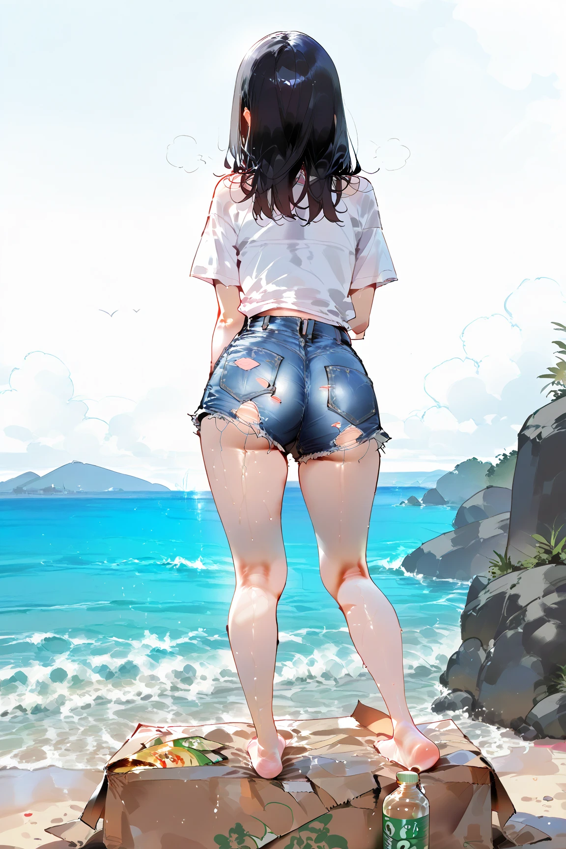 nsfw:1.6, Top quality:1.2, best quality:1.6, ultra high resolution, masterpiece:1.5 ,4K, 8K, 32K, detailed lighting, shaders, perfect ???????, perfect proportions, highly detailed, ultra detailed, super detailed:1.2, perfect eyes, perfect face, very delicate and beautiful, illustration, sharp focus, very beautiful and detailed anime face, very detailed eyes, cute:1.4,  impressionistic:1.2, blurred background,

BREAK

1 woman, (Beautiful busty woman in her 20s:1.3),(dark skin:1.6), (Perfect proportions: 1.5), (Small pink areolas:1.3),  (Pointy upward nipples:1.2),(Full and beautiful breasts: 1.7), (big breasts: 1.6), (Thin waist: 1.1), (Slender figure: 1.1), (beautiful buttocks:1.2),

BREAK 

(Beautiful blonde hair: 1.4),(french braid:1.3), (Bangs swept to the side, showing forehead: 1.5),

BREAK 

(Happy smile:1.2), (embarrassed:0.8), (blush:1.2),(looking away:0.8),

BREAK

( Denim skirt:1.3), BREAK (topless:1.8),(not hiding nipples:1.3),(White choker:1.4) (Necklace, bracelet, anklet: 1.4), (soaking wet from head to toe:1.6),

BREAK 

  (Seductive pose:1.3),

BREAK 

(Bustup shot:1.3),

BREAK 

(Beautiful beach:1.5), (Sandy beach:1.3), (Rough seas:1.5),(real depiction of water surface), (outstanding stormy weather:1.6), (heavy rain:1.6),(Canvas tote bag:1.2),