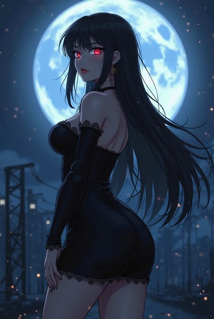 masterpiece, best quality, RAR, masterpiece, best quality,
       1girl,breasts,solo,long hair,black hair,moon,dark lips,yellow eyes,huge breasts,full moon,looking at viewer,night,collar,arms behind head,belt,pants,raised arms, leggings, black choker, black pants, cleavage, navel, legs and butt, black jumpsuit, very long hair, makeup, fishnets, smoke, night sky, outdoor, sky, blunt bangs, fishnet top, standing, parted lips, goth fashion, nipple coverage,