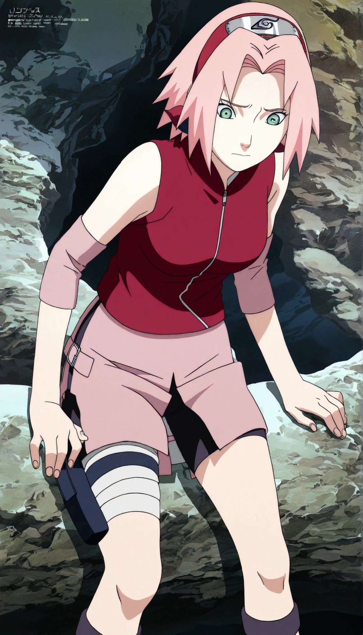 1girl,haruno sakura standing, BREAK pink hair, short hair, red hairband, green eyes, parted bangs, BREAK red sleeveless minidress, zipper, pink miniskirt, bandaged thigh, BREAK medium breasts, beautiful body, beautiful legs ,lift legs, masterpiece,best quality,amazing quality,professional quality ,very aesthetic ,newest,scenery, ultra detailed ,highly detailed ,intricate , absurdres , high resolution , 4K , 8K , unity 8k wallpaper , crisp quality , sharp focus , rich contrast , rating_explicit , official art, official style,source_anime,anime screencap,anime coloring,megami magazine,anime,animated ,1girl, standing at konoha village