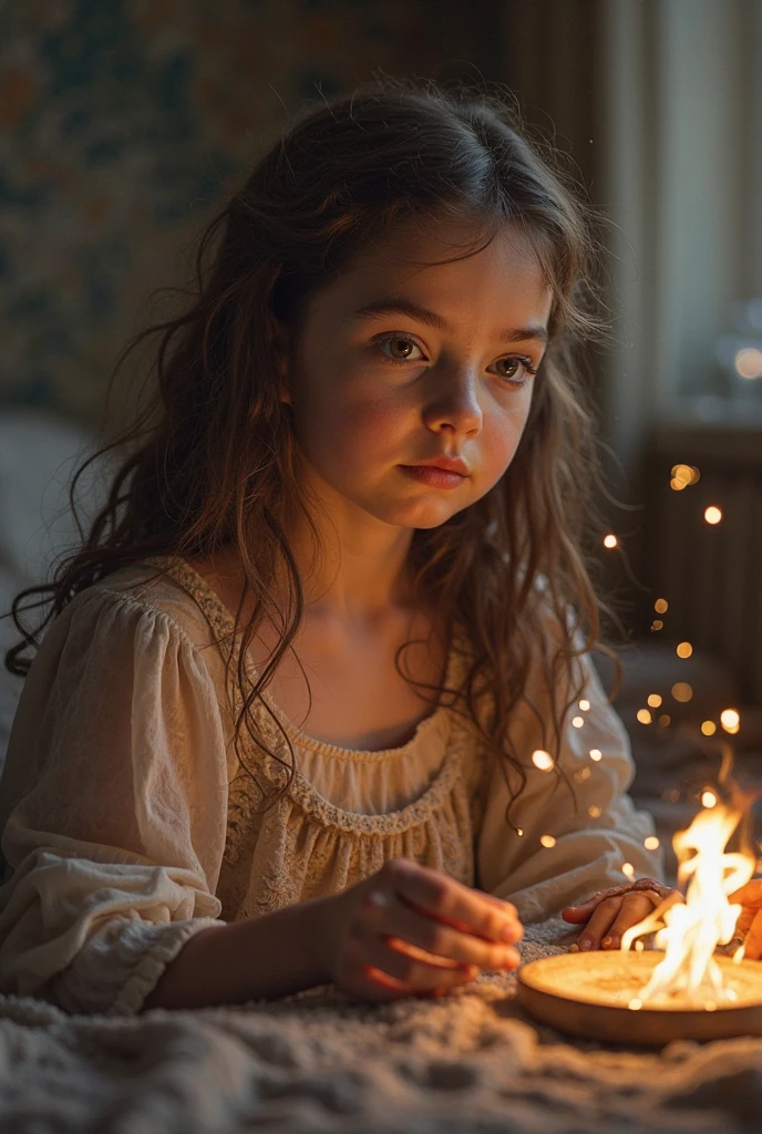CHILD girl with long BLONDE hair wearing a YELLOW sweater and muffled black ears. AND CANDLES LIT.
