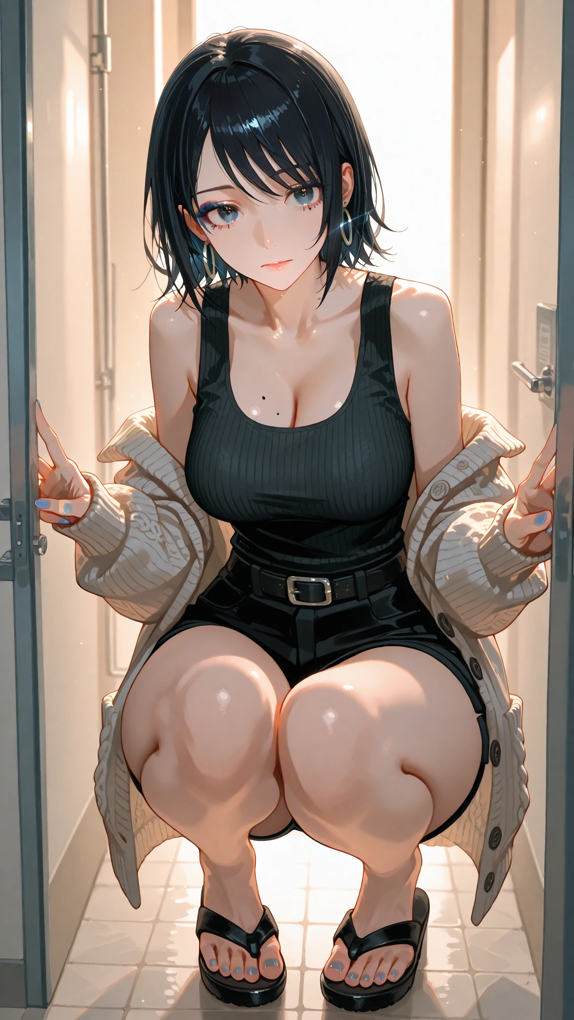 Japanese women,Black Hair,short hair、Married Woman、Big Lips、Visible nipples、Large size breasts、L Cup Breasts、Painful face、patience、forward leaning posture、Woman urinating in prison、incontinence、Wearing a white tank top、Wearing jeans、Squat positions、Spread your legs、Electric shock、Cleavage、Sweat、High heels、Grit your teeth、Front of the body、bondage、Suppressed、Exposed armpits、Hands tied with chains、stockings、garter belt