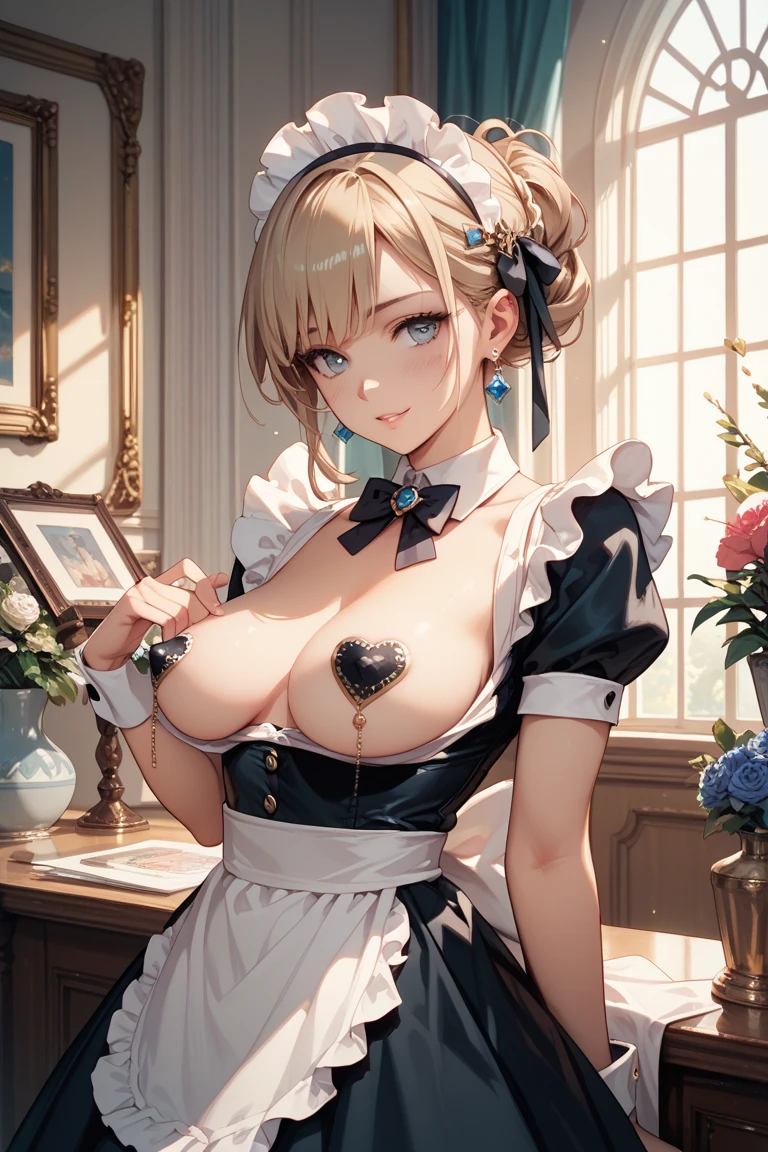 ((masterpiece, highest quality, Highest image quality, High resolution, photorealistic, Raw photo, 8K)), Ultra Wide Angle, blonde, maid dress, mini skirt, medium hair, onnanoko, (cleavage:1.3), (side boob:1.2), (wide waist:1.2), sexy thighs, naval, loose appron, sad, blushing, (small breast:1.2), (breast gap:1.4), nipples sticking out of clothes