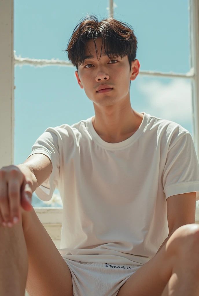 A young Asian man stands, handsome, muscular, looking at the camera. In a plain white t-shirt , Fieldside, grass, beach, sunlight