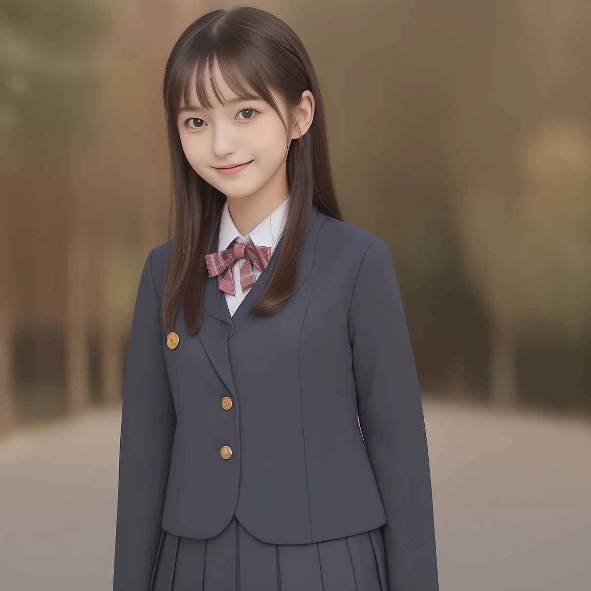 (Highest quality, masterpiece:1.2), Highest quality, High resolution, 1080P, 8k, height: 158cm, ((A noble, graceful and intelligent girl who looks like a best proportion Japanese young lady is turning around and giggling in a strong wind)), ((So sweet, very noble, neat, and pretty 14yo Japanese beautiful cute girl)), ((A real, very girly, sweet, cute and noble girl)), ((((A beautiful Japanese 14yo cute fashion model)))), ((((Very pure white face and limbs)))), Glossy Lips, (Evenly cut bangs), ((Very beautiful, droopy, cute, pure, noble brown eyes)), ((Super long, black tightly tied twin braids hair )), (Very shiny, glossy Lips), ((Beautiful straight hair like a school promotion model)), Watch at you, ((Incredibly well organized, Rich facial expressions)), ((Plump and beautiful white skin and face)), ((Pure, clear, gentle brown eyes)), ((staring at me)), Glossy Lips, ((noble and elegant)), Very beautiful blue skirt, ((Large upward-curving lips)), ((((Navy Japanese school blazer with noble golden emblem)))), ((Navy and sapphire blue Japanese school uniform)), ((Tartan check pattern dark blue pleated long skirt)), ((Cobalt blue string chest ribbon)), ((((An ecstatic expression of boundless joy)))), (((Beauty and fashion magazine for young girls))), (Pretty eyes and faces with detailed:1.6), ((Cute beautiful knees))