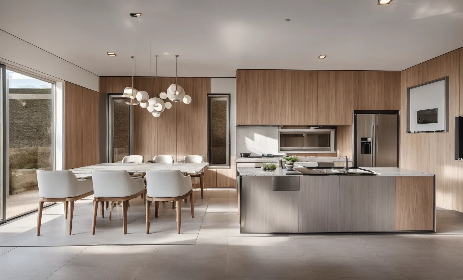 A modern open-concept kitchen and dining area, featuring a minimalist design. The kitchen has a wooden island with a built-in sink, concrete ceiling. sleek white cabinets, a stainless steel refrigerator, and a stove. The dining area includes a rectangular wooden table with six cushioned gray chairs, placed over a dark rug. The room is lit by contemporary pendant lights with round shades. Large glass sliding doors and windows provide natural light. The floor is tiled with large gray ceramic tiles, and the overall color palette is neutral with wood and metallic accents.
