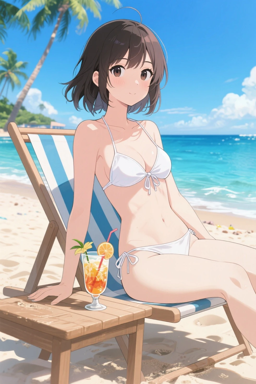 best quality, masterpiece, solo, 1girl, <lora:kikuchi_milo-10:1>, bikini, beach, smile,