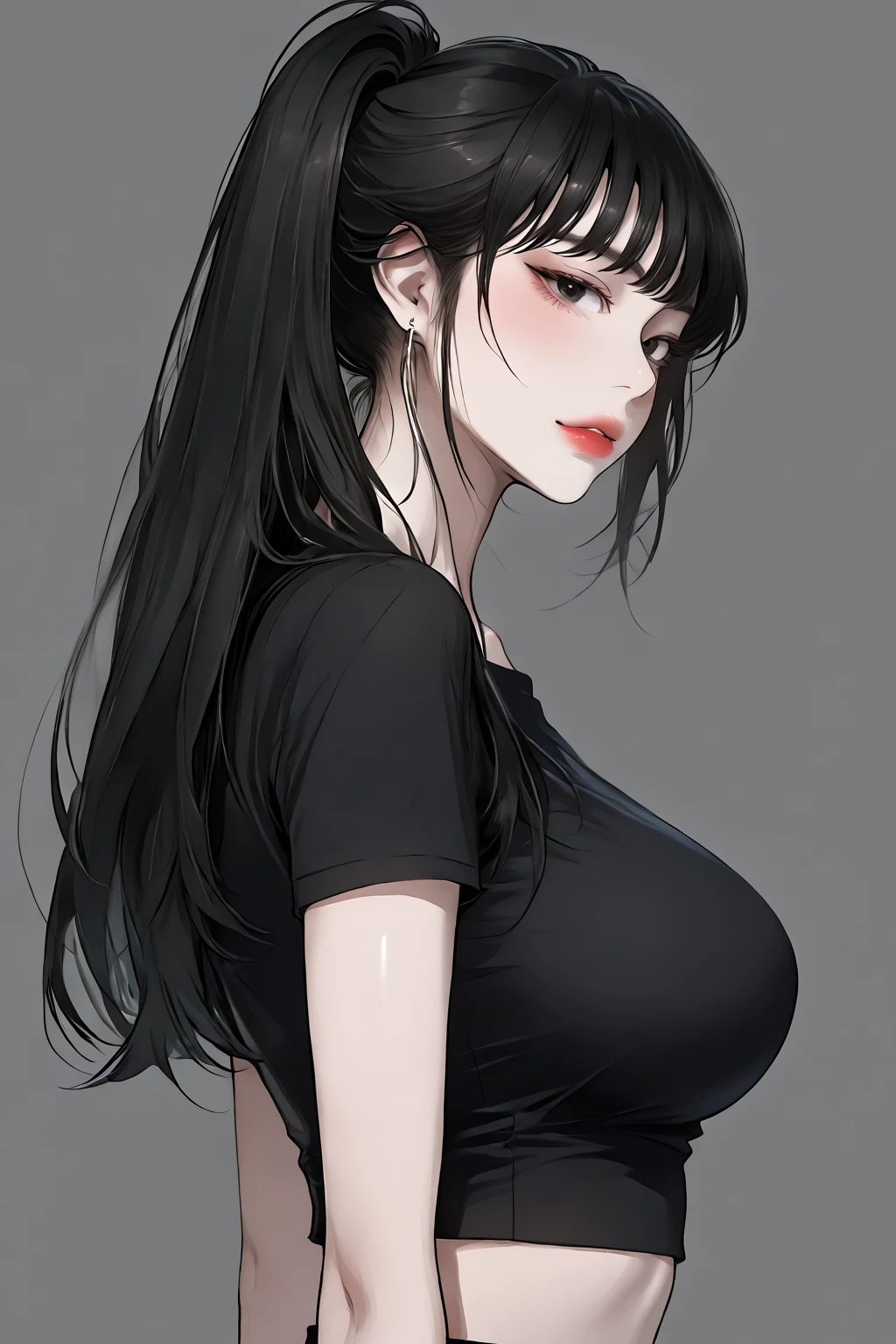 1girl, bangs, bare shoulders, black pants, breasts, breasts squeezed together, grey background, hair between eyes, huge breasts, long hair, looking at viewer, pants, parted lips, red eyes, shirt, simple background, sleeveless, sleeveless shirt, solo, turtleneck, v arms, white hair,(shiny skin),(masterpiece:1.4),(best quality:1.4),mature female,fashi-girl,red lips