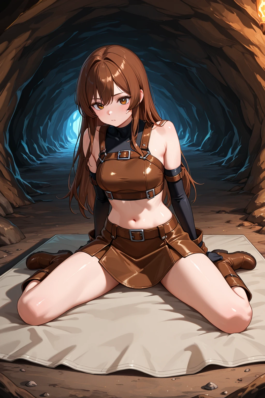 NSFW,Yuuki Asuna、Long Hair、Brown Hair、(Brown eyes:1.8),skirt、Knee socks、Bare shoulders、Removable sleeves、armor、白Knee socks、(breastplate:1.2)、赤いskirt,(Perfect hands),(Perfect Anatomy),(masterpiece),(highest quality),Embarrassed,blush,(Prison:1.5),(slave:1.5),Open your mouth、Sticking out tongue,(Melted face:1.5)