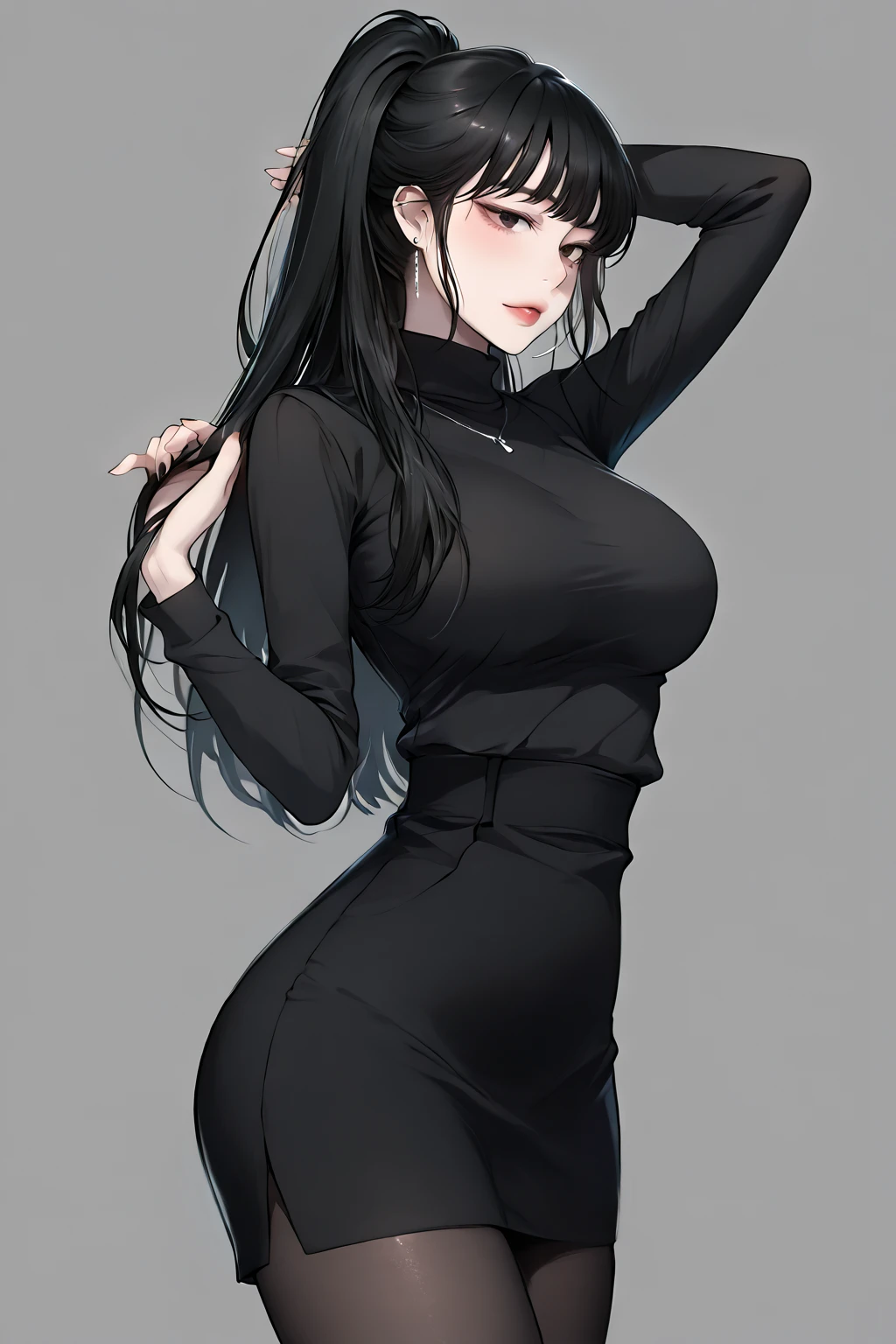 from side, best quality, 32k, RAW photo, incredibly absurdres, extremely detailed, delicate texture, beautiful lady, suck one's thumb pose, amorous and lewd expression, shy, wearing unbuttoned dress shirt and miniskirt tied at the waist, pose with butt sticking out, perfect body line, professional lighting